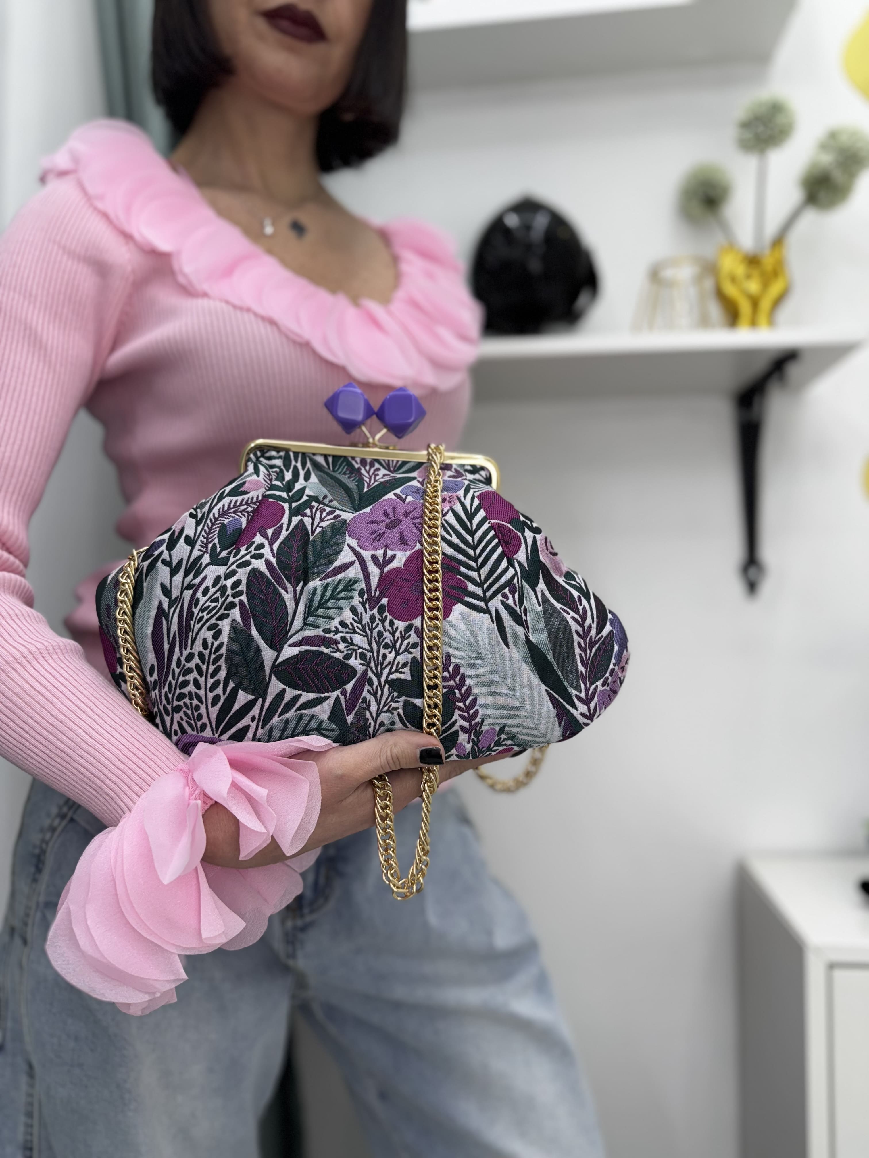 Borsa clutch in tessuto jacquard con fiori