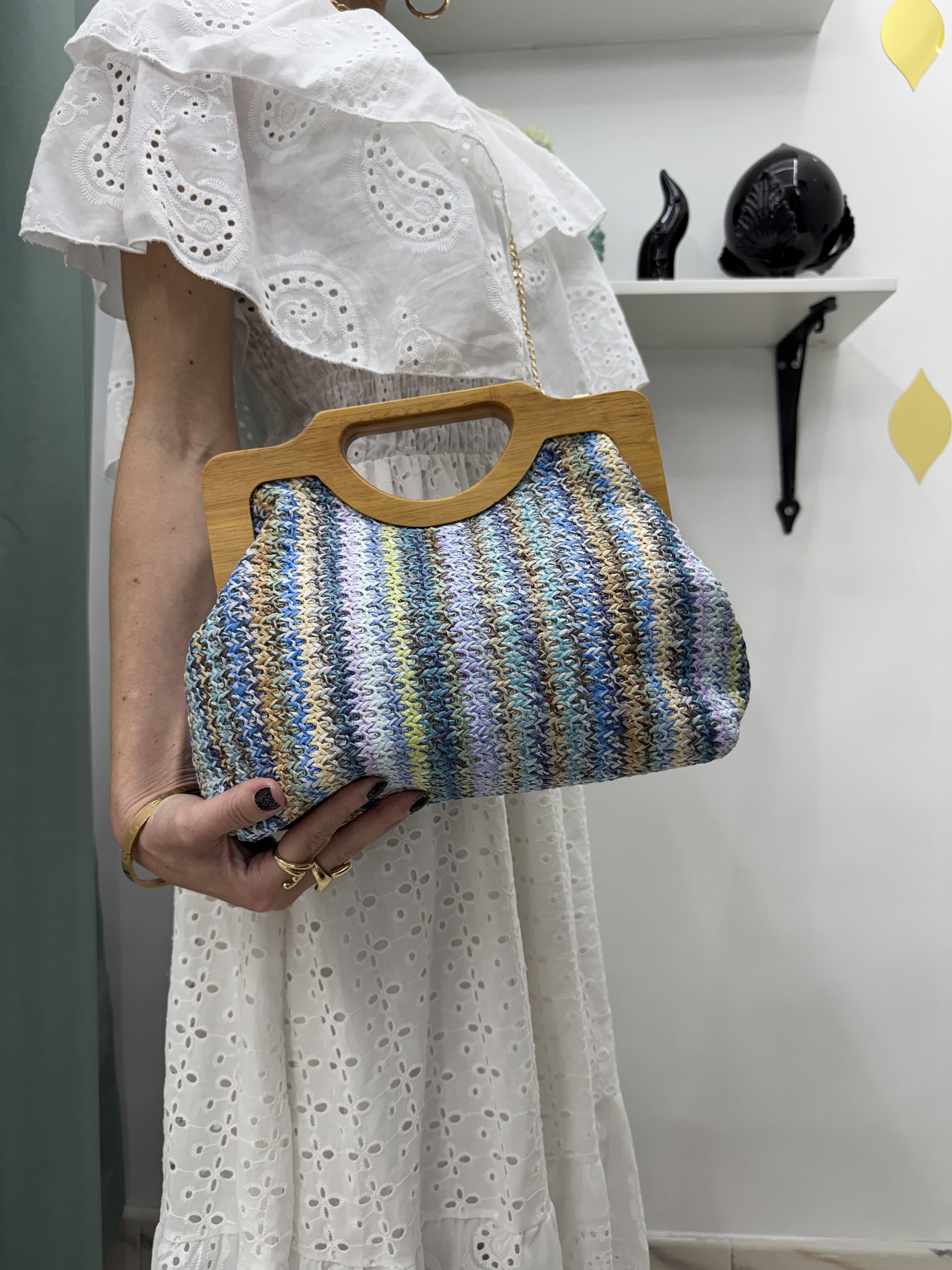 Borsa Clutch in Legno e Rafia multicolore – 3 Colori Disponibili