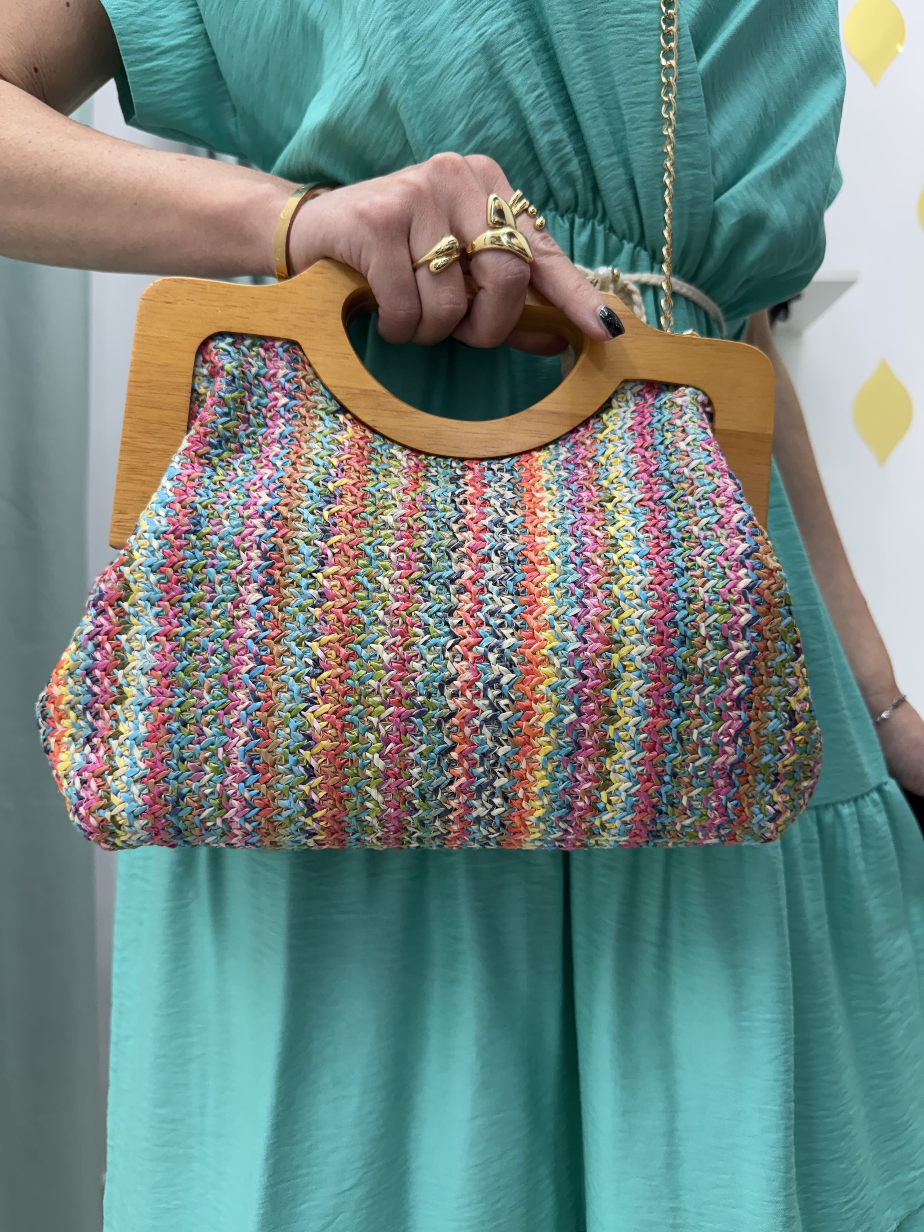Borsa Clutch in Legno e Rafia multicolore – 3 Colori Disponibili