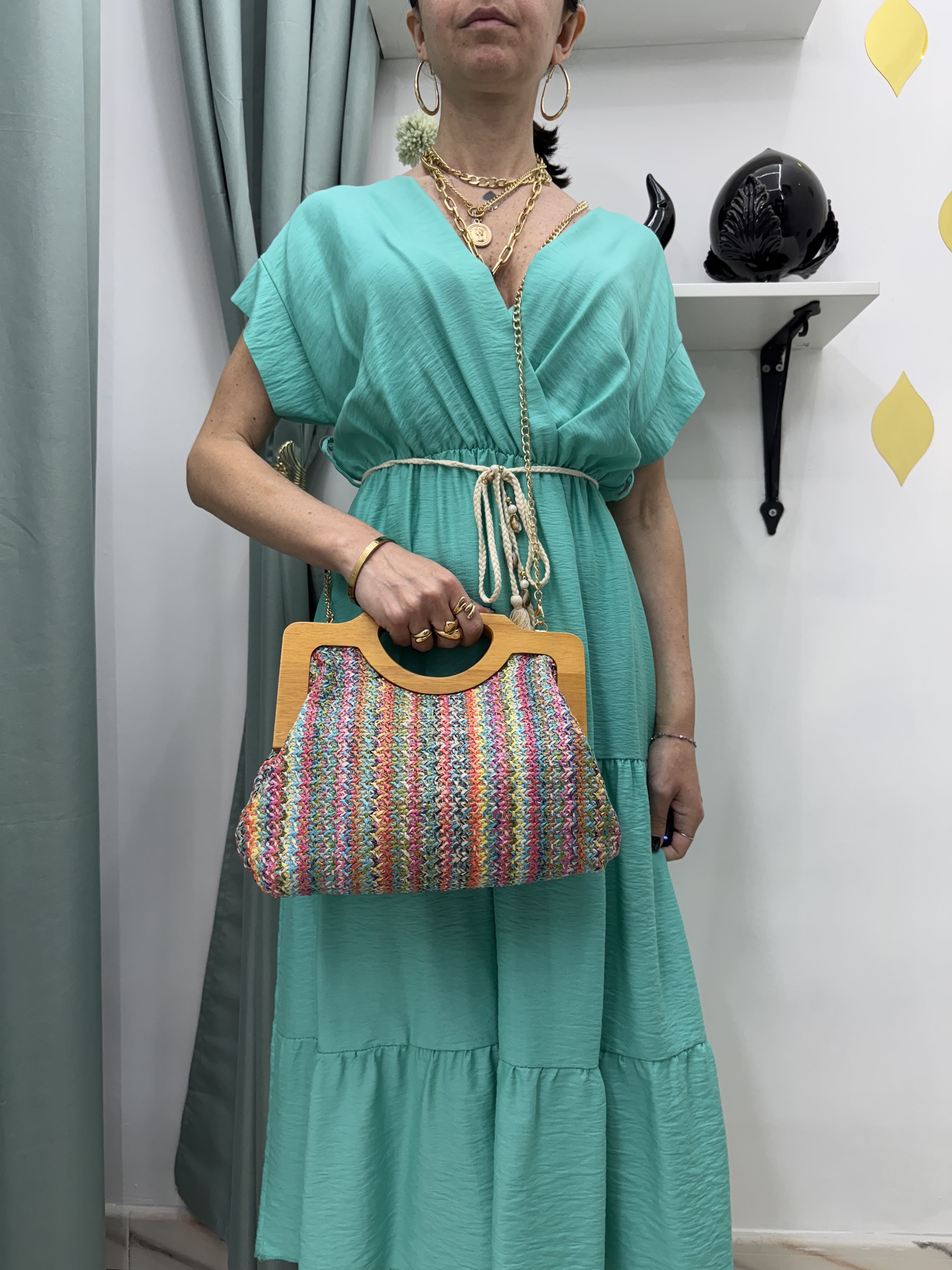 Borsa Clutch in Legno e Rafia multicolore – 3 Colori Disponibili