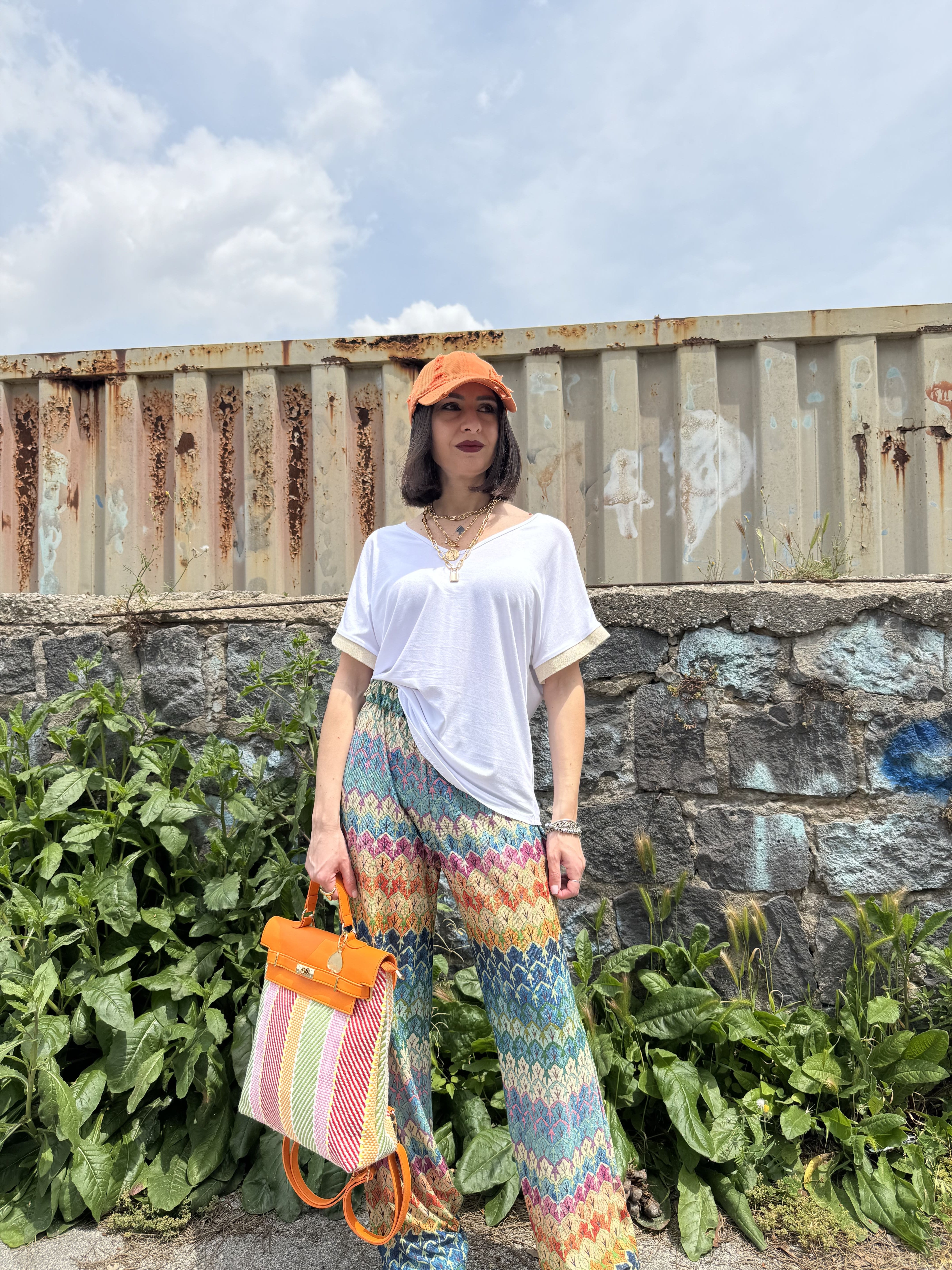 Pantaloni palazzo elasticizzati multicolor e laminati