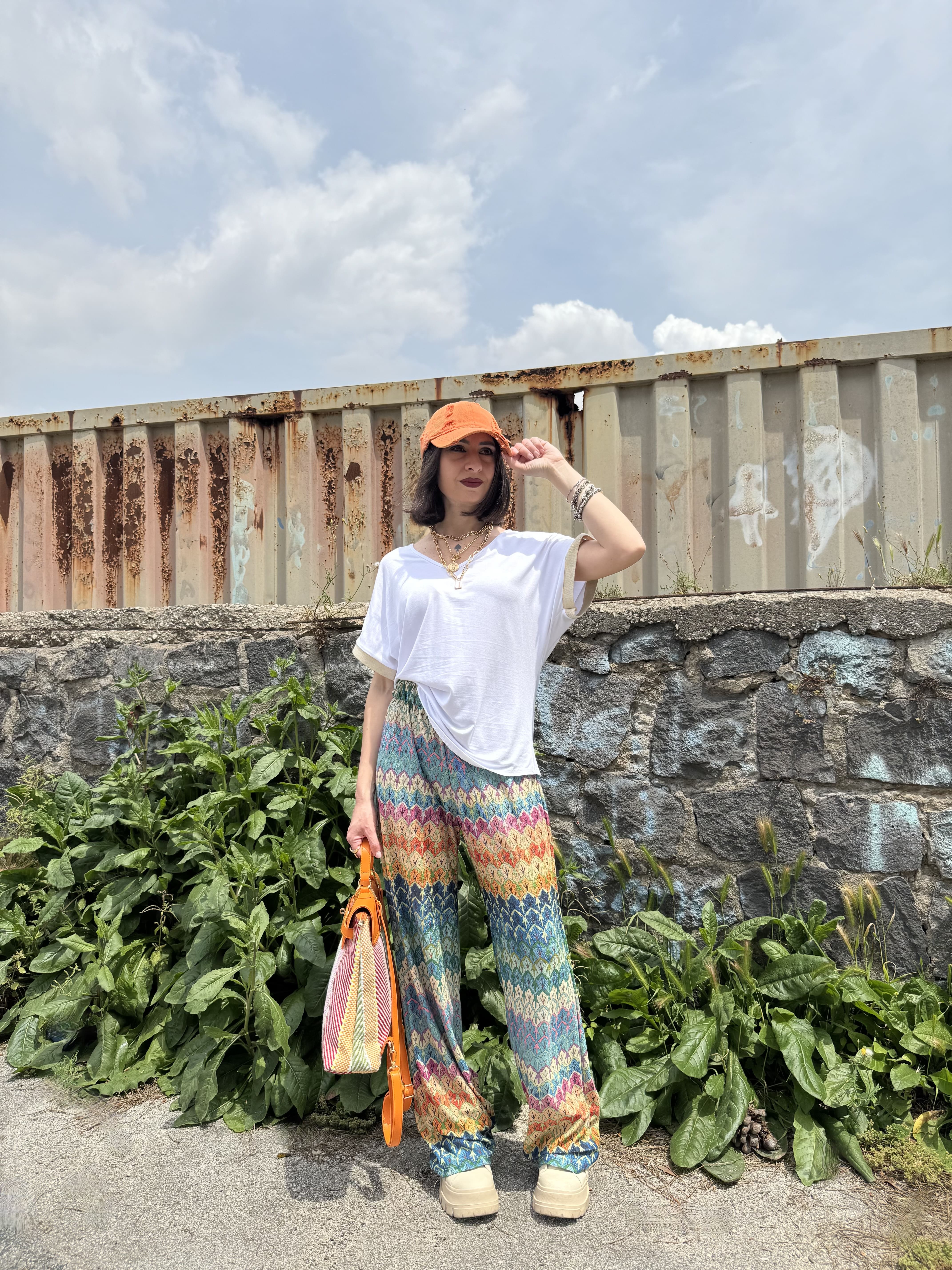 Pantaloni palazzo elasticizzati multicolor e laminati