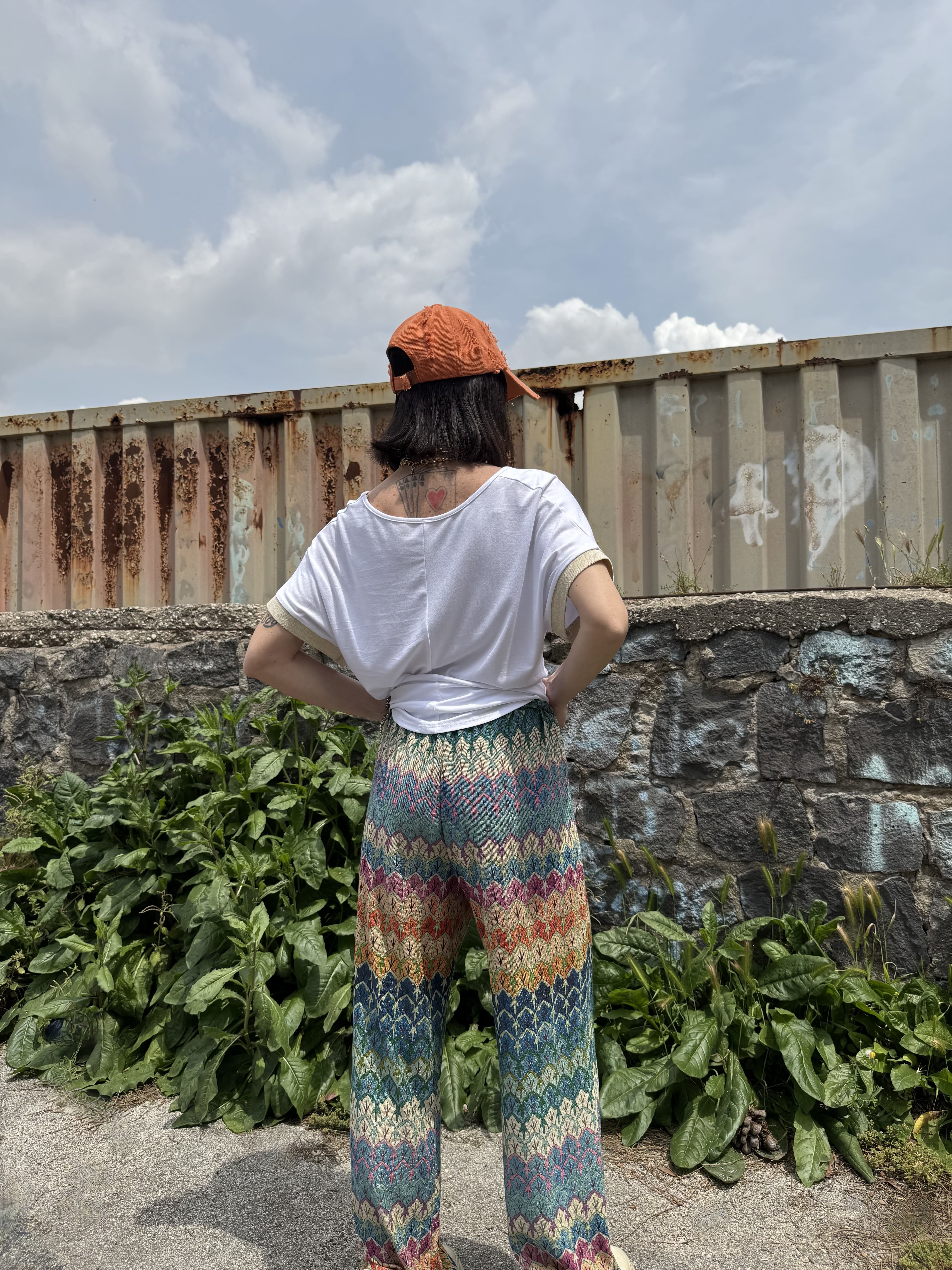 Pantaloni palazzo elasticizzati multicolor e laminati