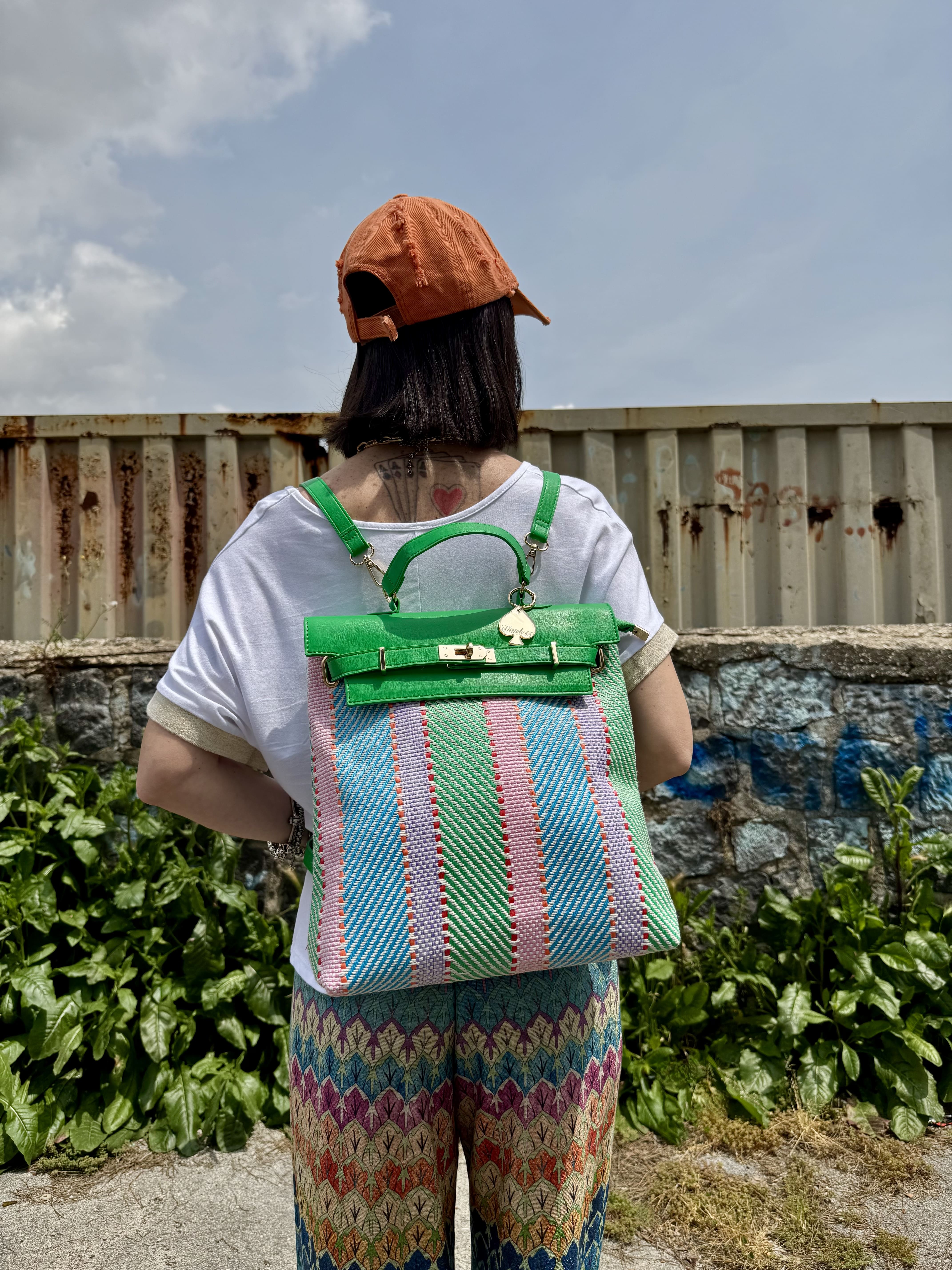 Zaino borsa in rafia con dettagli in similpelle
