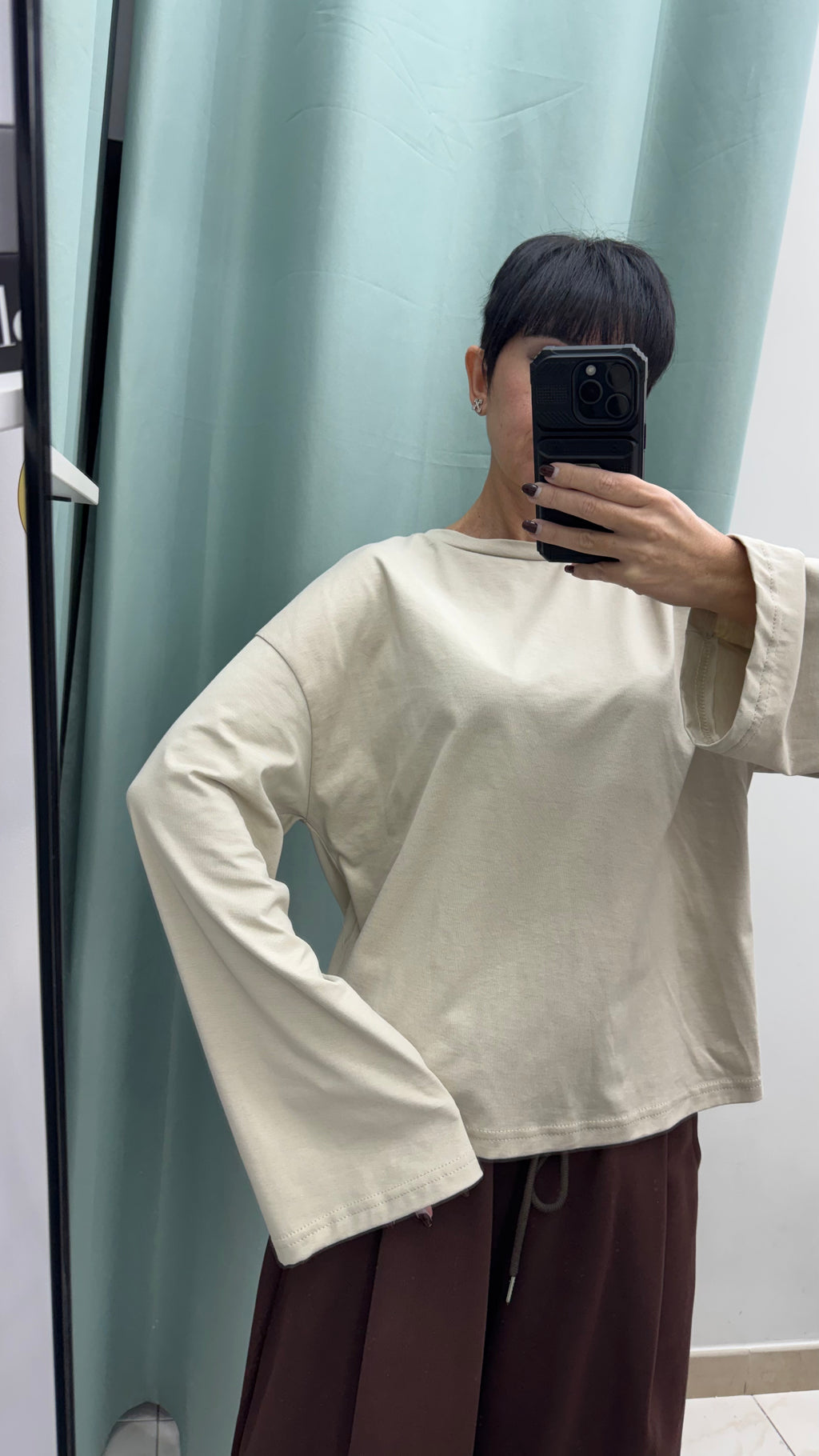 Maglia Crop Long Sleeve in Cotone 100% Beige con Maniche Ampie Just West