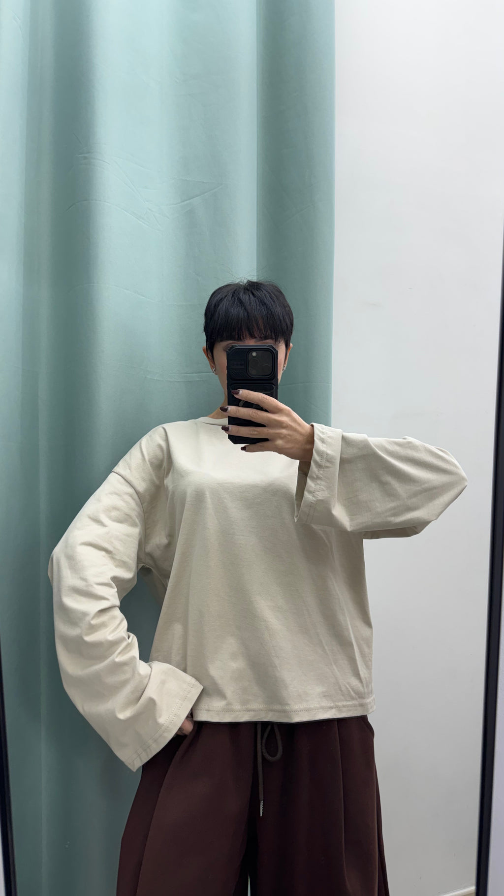 Maglia Crop Long Sleeve in Cotone 100% Beige con Maniche Ampie Just West