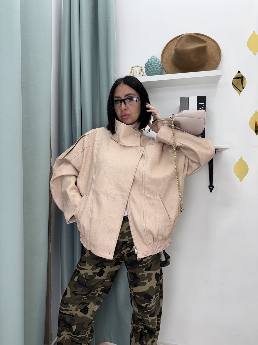 Bomber Monkiss in Similpelle Martellata – Rosa Cipria
