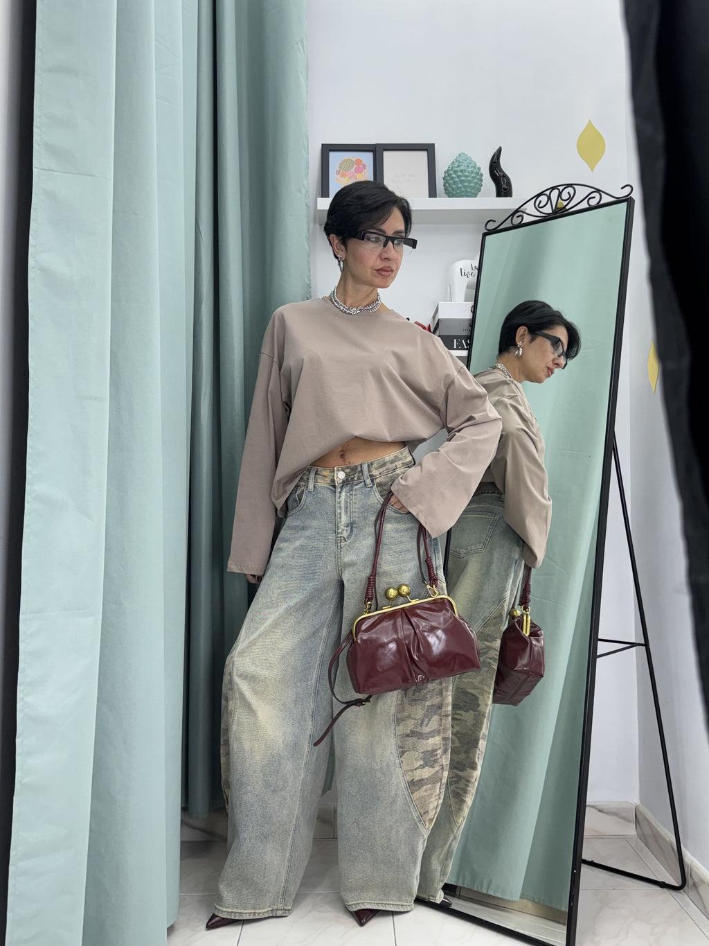 Maglia Crop Long Sleeve in Cotone 100% Beige con Maniche Ampie Just West