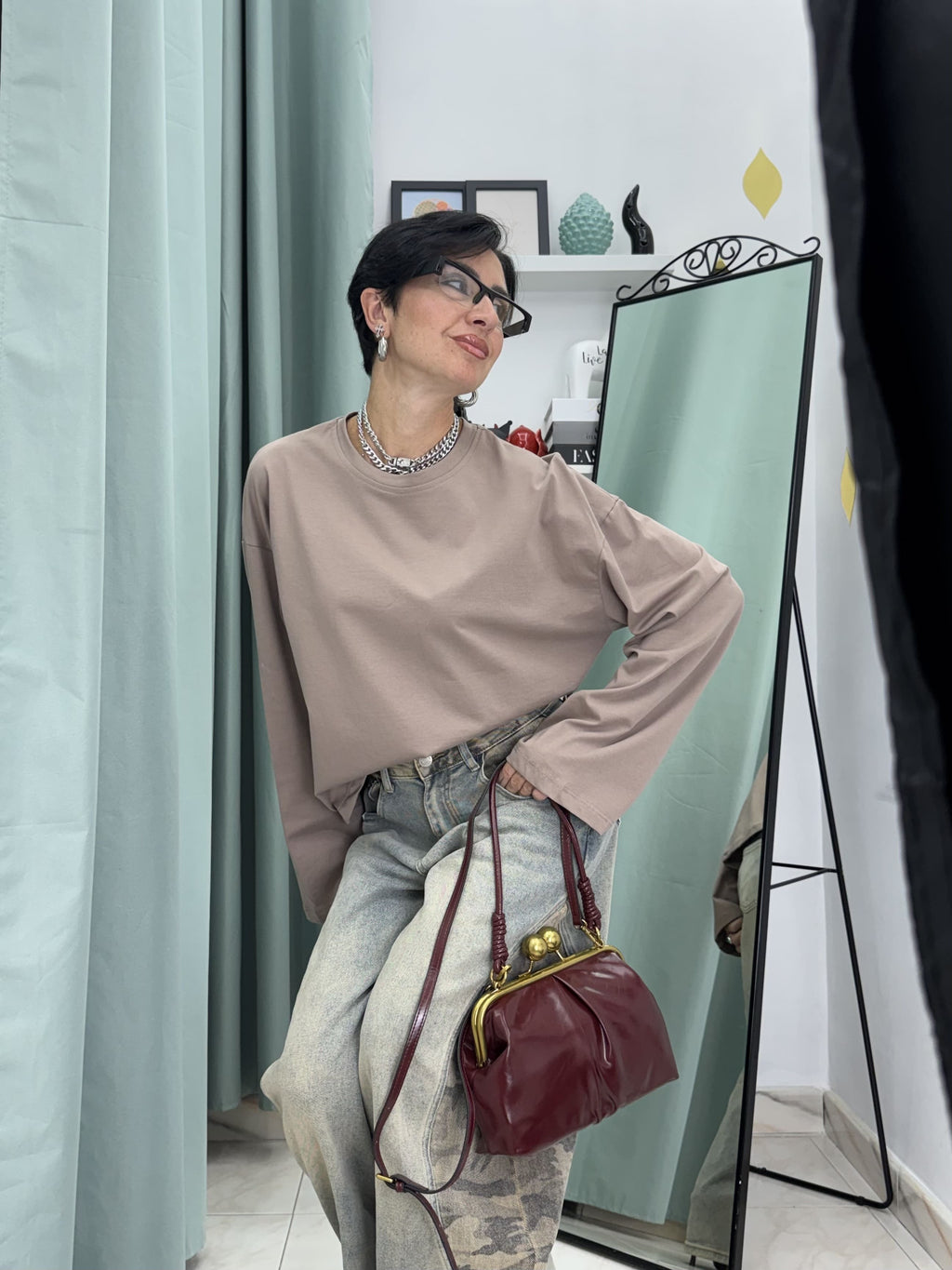 Maglia Crop Long Sleeve in Cotone 100% Beige con Maniche Ampie Just West