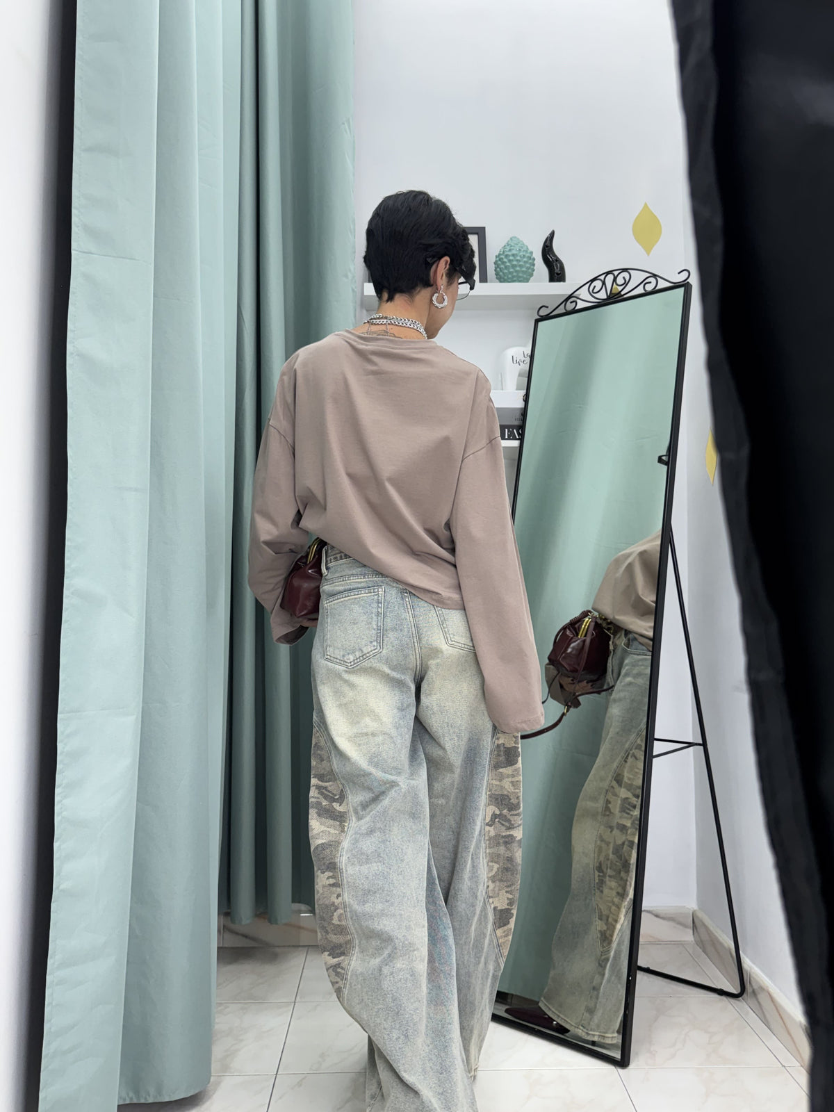 Maglia Crop Long Sleeve in Cotone 100% Beige con Maniche Ampie Just West