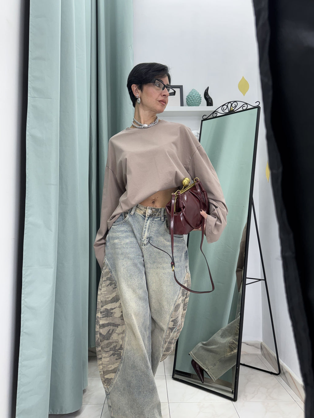 Maglia Crop Long Sleeve in Cotone 100% Beige con Maniche Ampie Just West