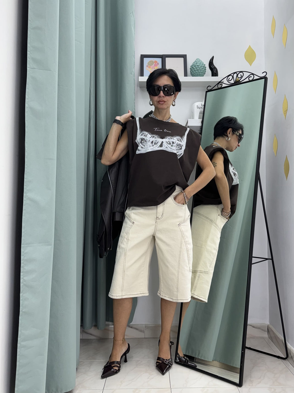 T-shirt Smanicata Donna Justwest Lunghezza Media con Spalline | Muscle Tee 100% Cotone Stampa Corsetto Tg Unica