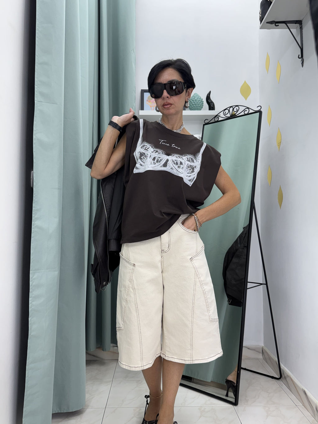 T-shirt Smanicata Donna Justwest Lunghezza Media con Spalline | Muscle Tee 100% Cotone Stampa Corsetto Tg Unica