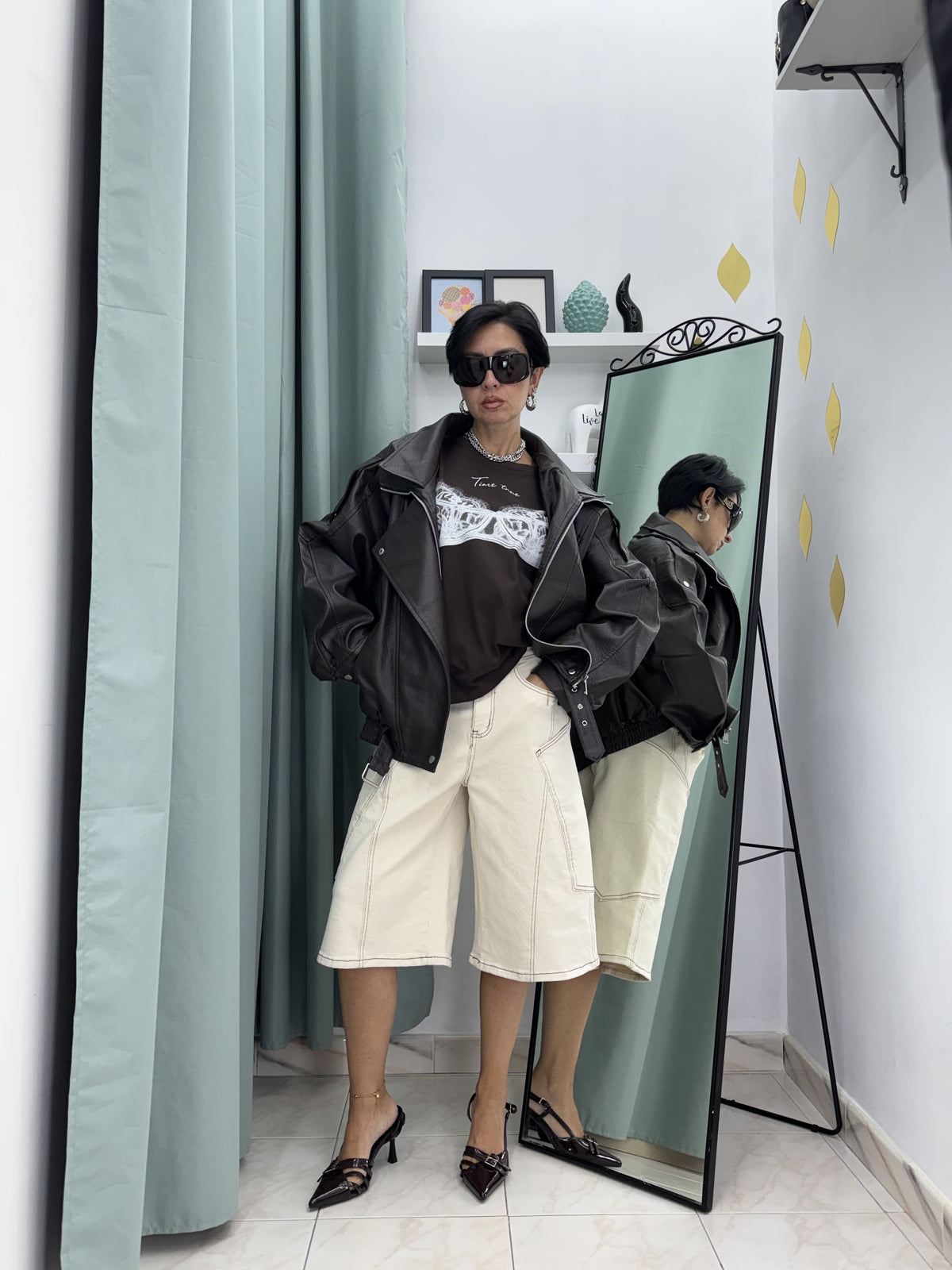 Bomber Oversize in Similpelle Martellata Stile Biker con Cintura