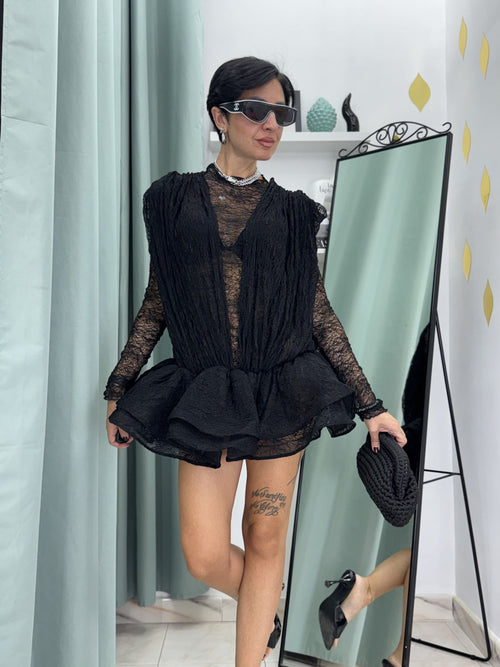 Abito casacca 2 in 1 in pizzo nero trasparente con body e volant