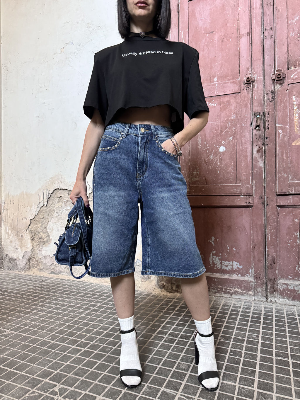 Bermuda Denim Wide Leg con Borchie – Il Must-Have Streetstyle (guida alle taglie nei dettagli)