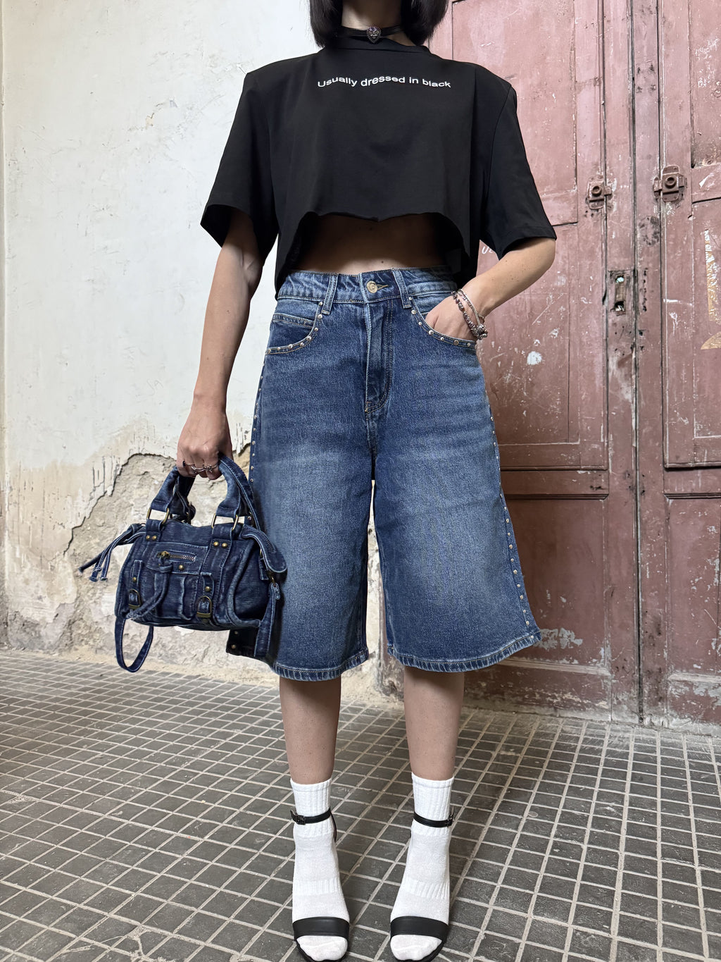 Bermuda Denim Wide Leg con Borchie – Il Must-Have Streetstyle (guida alle taglie nei dettagli)