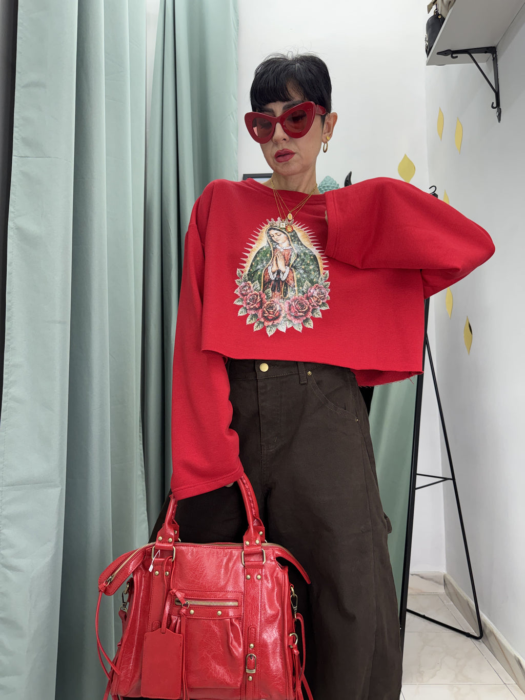 Felpa Boxy Fit Santa Madre con Stampa Madonna | Taglia Unica
