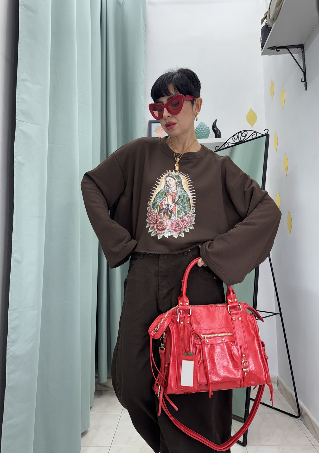 Felpa Boxy Fit Santa Madre con Stampa Madonna | Taglia Unica