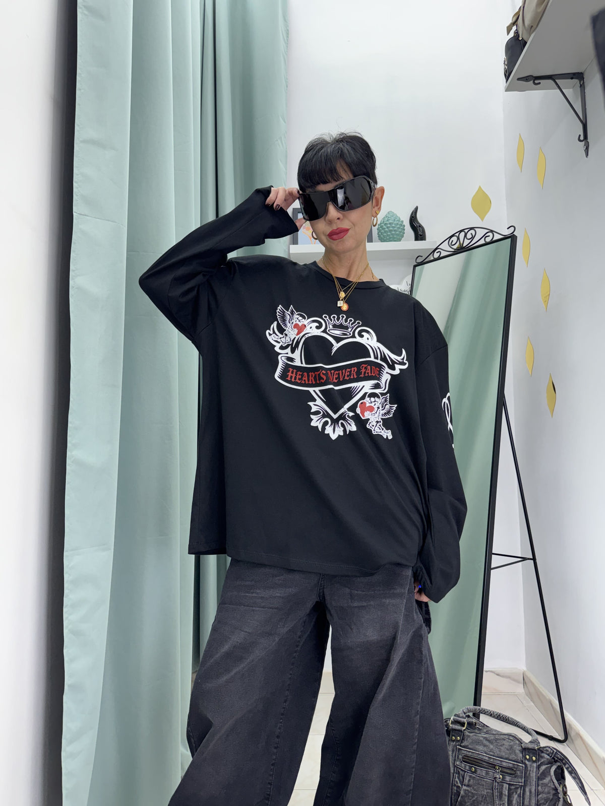 Maglia Long Sleeve Just West "Hearts Never Fade" in Cotone 100% | Taglia Unica Comfy