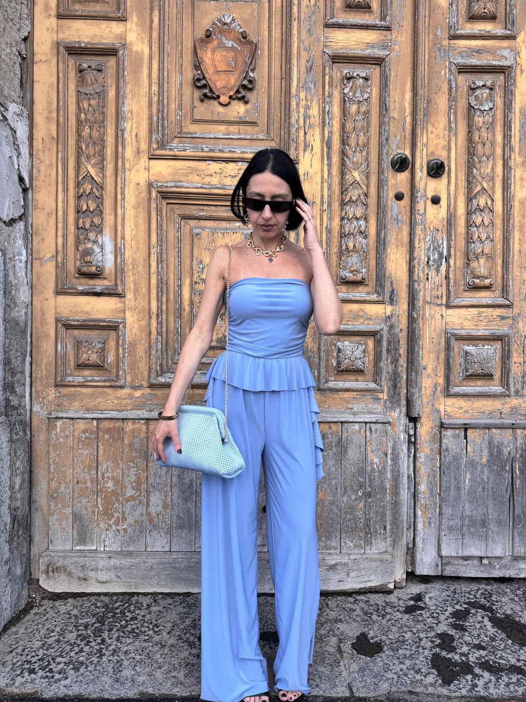 Tuta Jumpsuit Fascia Elasticizzata con Pantalone Palazzo Morbido: Eleganza Comoda per Tutte le Occasioni