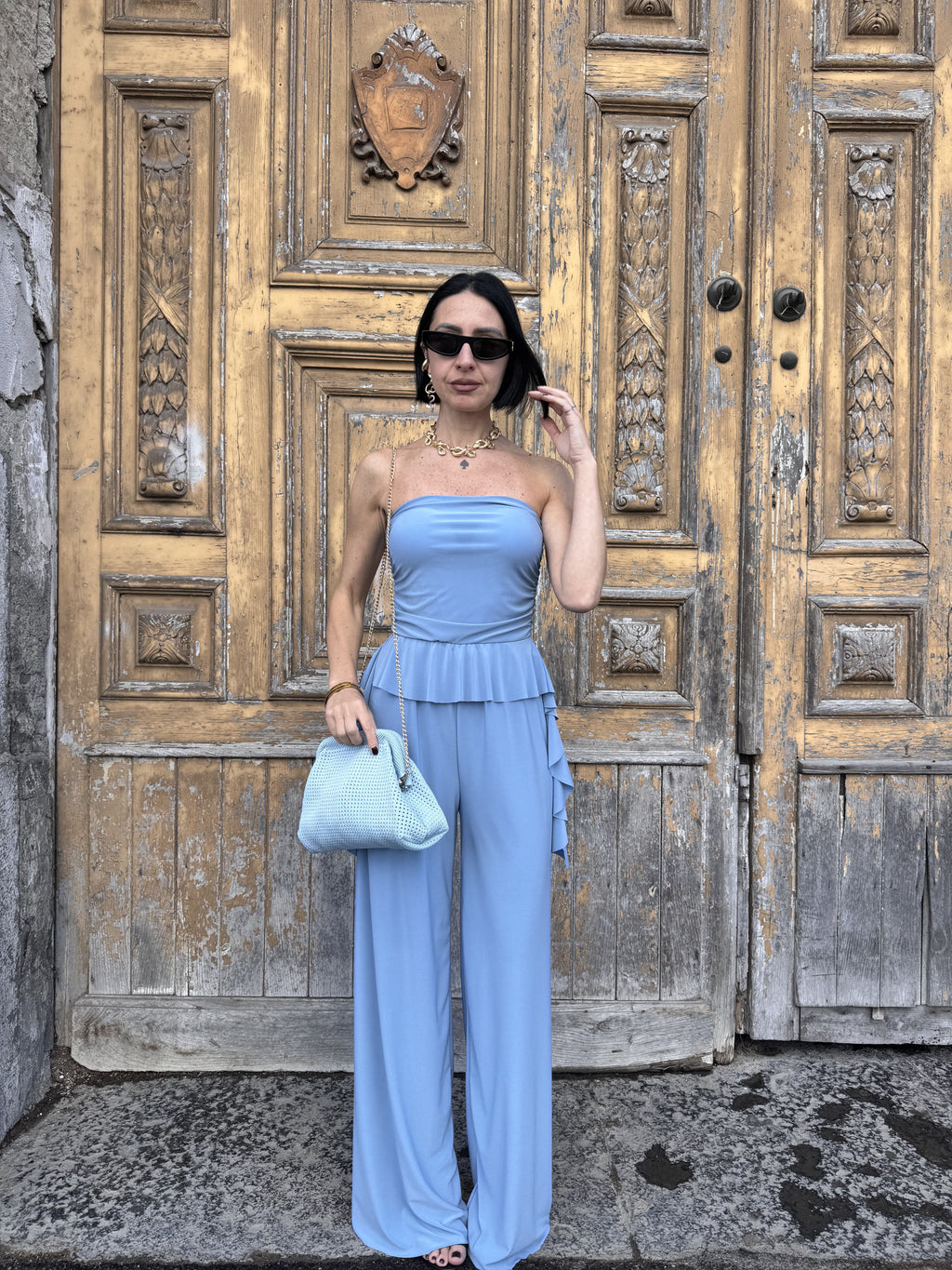 Tuta Jumpsuit Fascia Elasticizzata con Pantalone Palazzo Morbido: Eleganza Comoda per Tutte le Occasioni