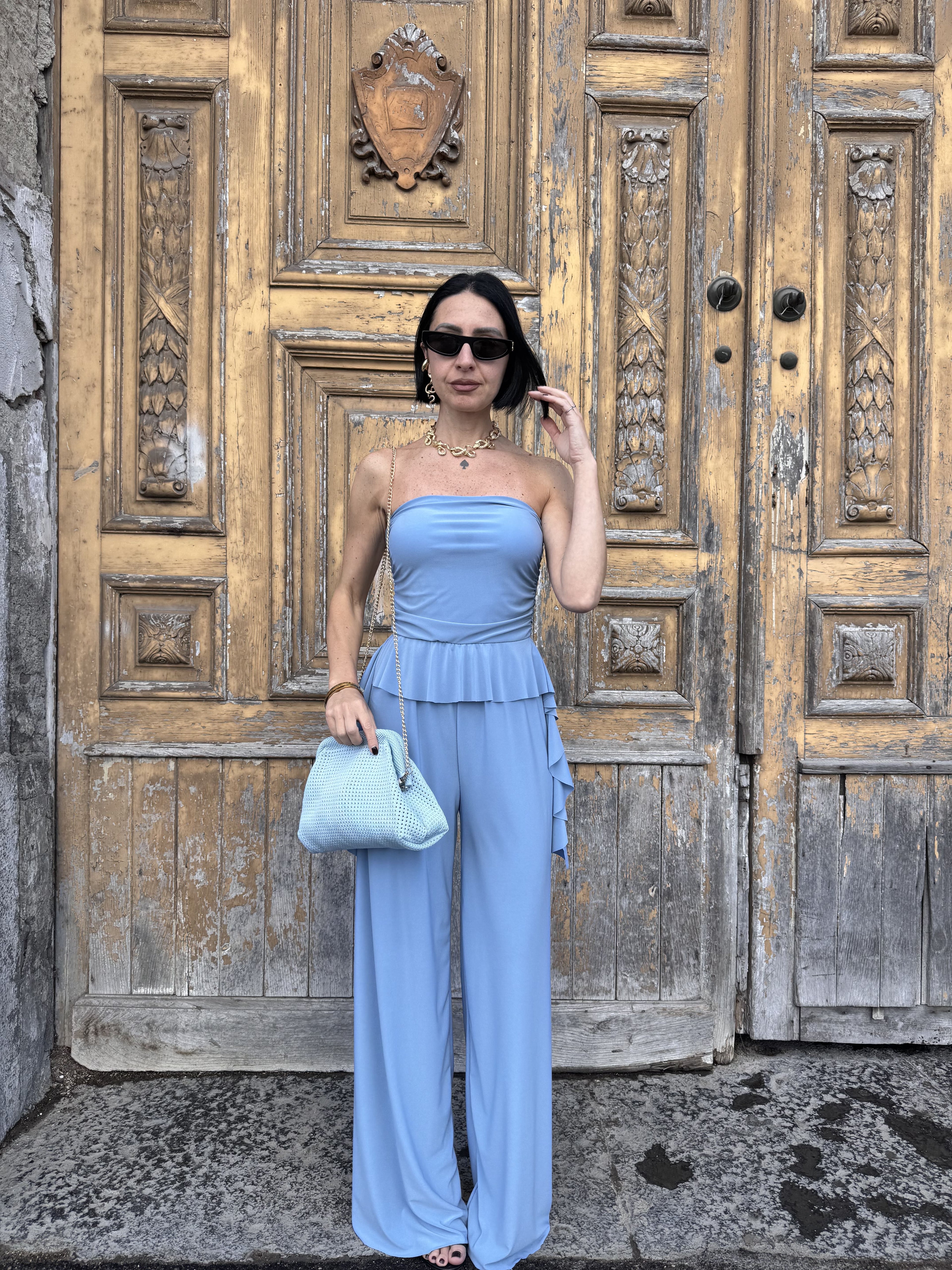 Tuta Jumpsuit Fascia Elasticizzata con Pantalone Palazzo Morbido: Eleganza Comoda per Tutte le Occasioni