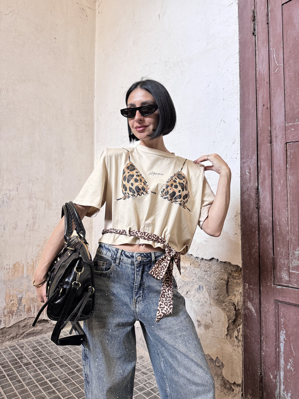 Crop Top Donna Justwest Corto con Spalline Strutturate | Maglia Corta 100% Cotone Stampa Leopardata Tg Unica
