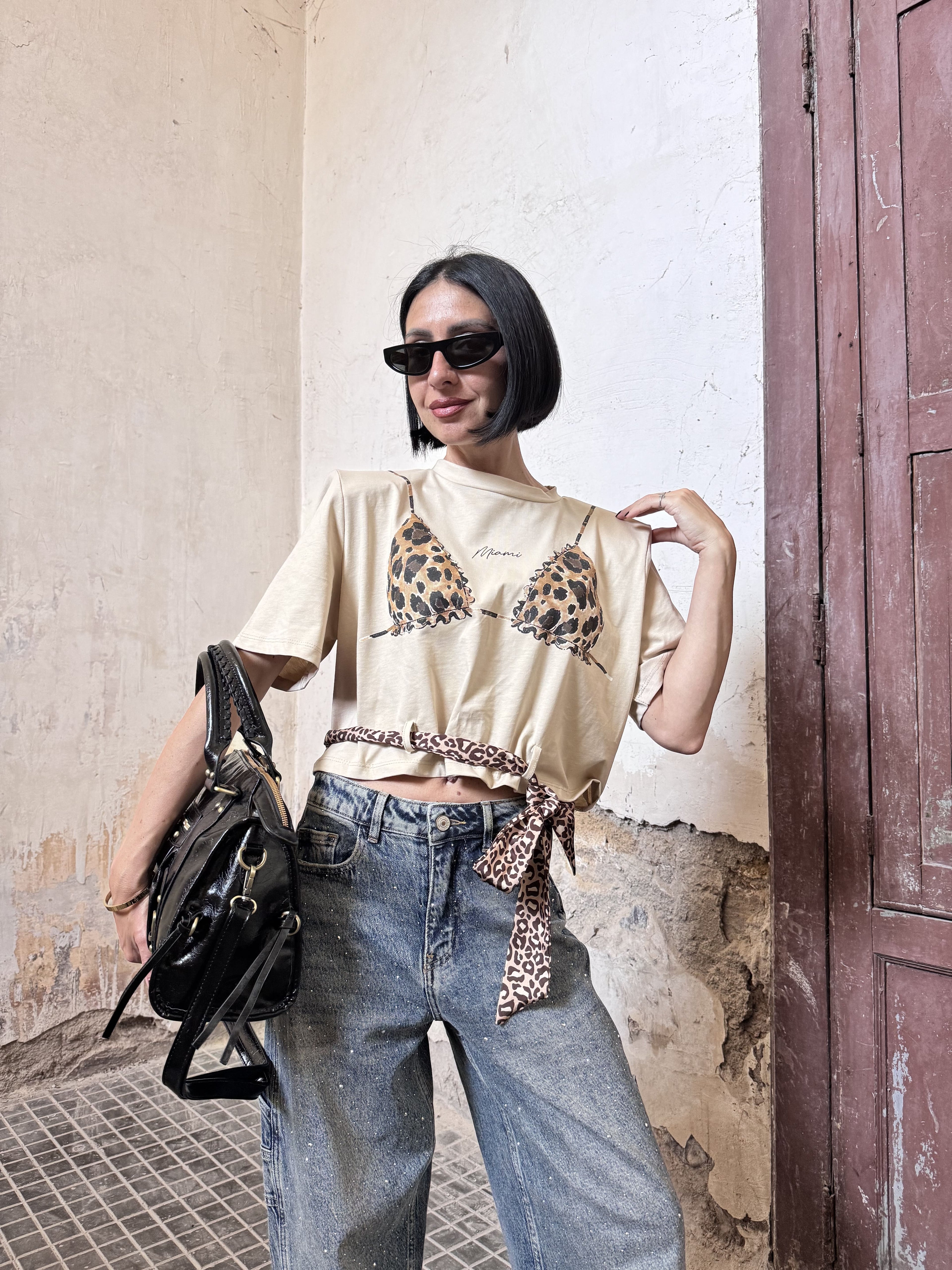 Crop Top Donna Justwest Corto con Spalline Strutturate | Maglia Corta 100% Cotone Stampa Leopardata Tg Unica