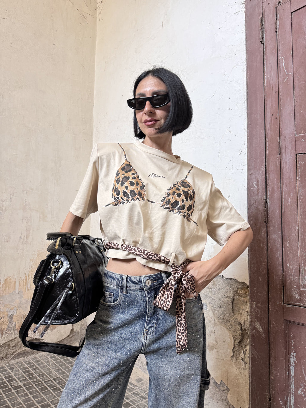 Crop Top Donna Justwest Corto con Spalline Strutturate | Maglia Corta 100% Cotone Stampa Leopardata Tg Unica