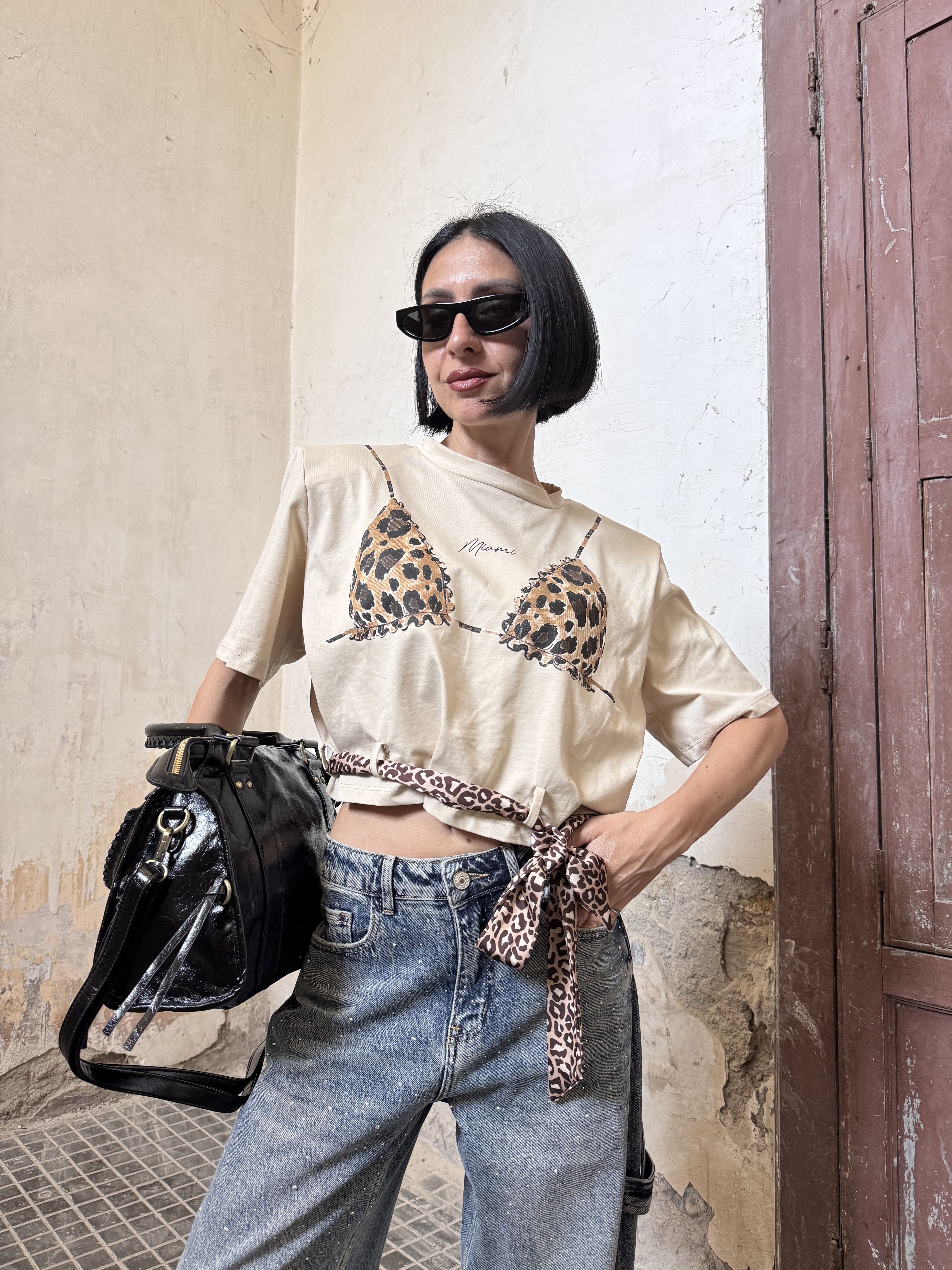 Crop Top Donna Justwest Corto con Spalline Strutturate | Maglia Corta 100% Cotone Stampa Leopardata Tg Unica