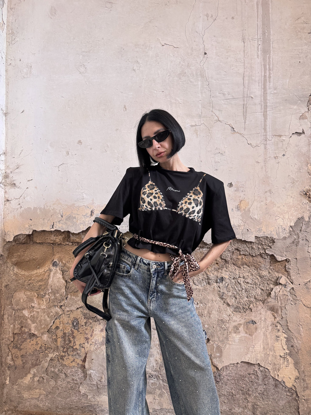 Crop Top Donna Justwest Corto con Spalline Strutturate | Maglia Corta 100% Cotone Stampa Leopardata Tg Unica