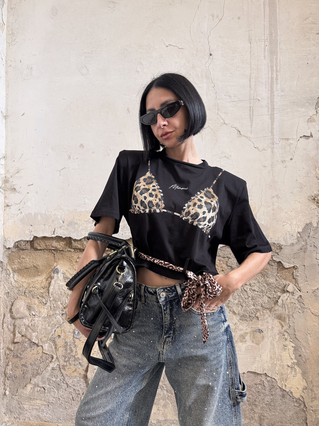 Crop Top Donna Justwest Corto con Spalline Strutturate | Maglia Corta 100% Cotone Stampa Leopardata Tg Unica