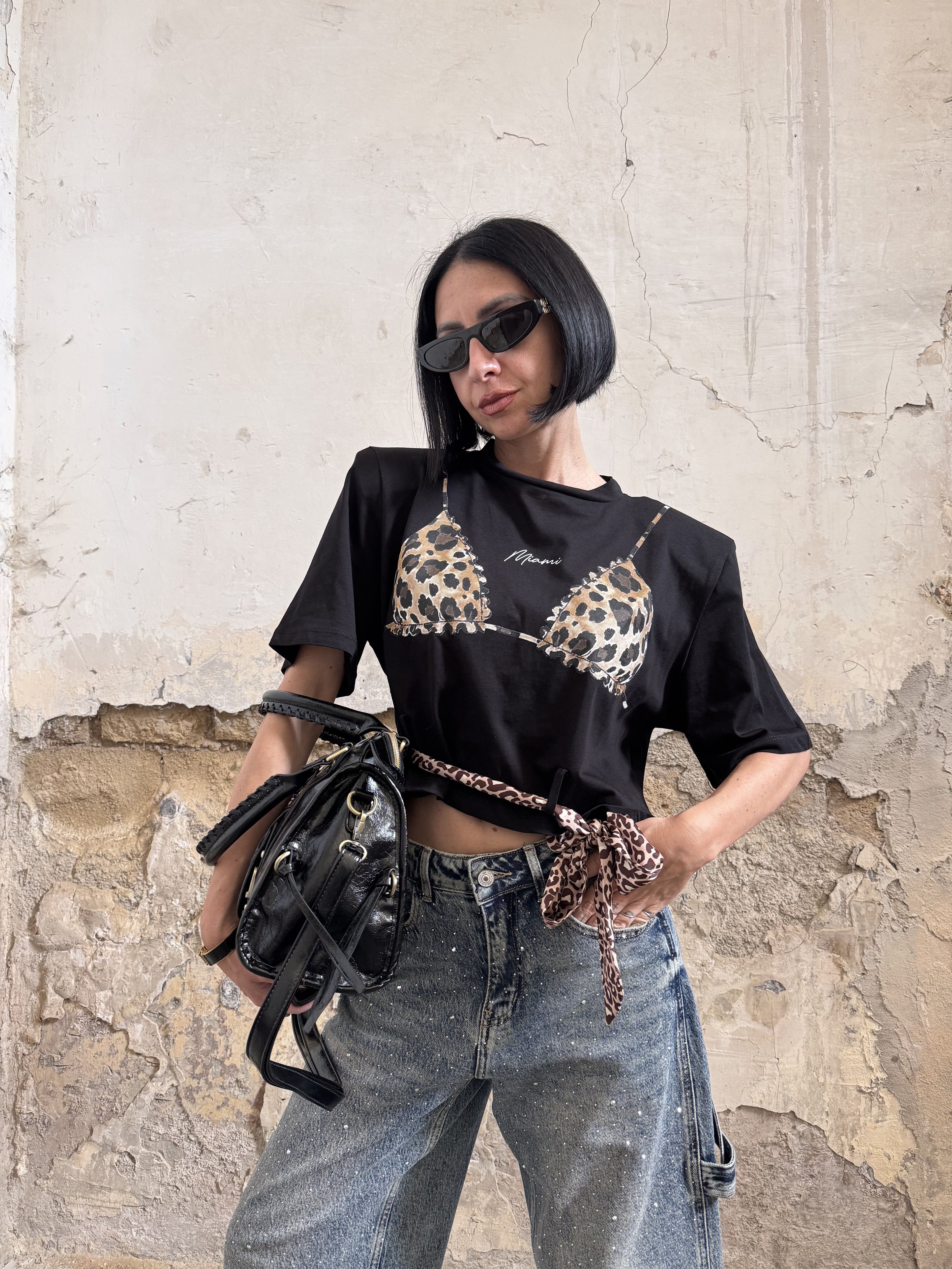 Crop Top Donna Justwest Corto con Spalline Strutturate | Maglia Corta 100% Cotone Stampa Leopardata Tg Unica
