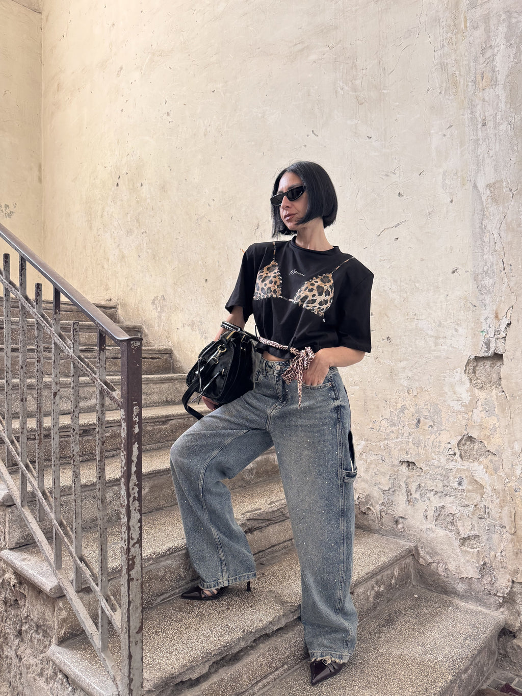 Crop Top Donna Justwest Corto con Spalline Strutturate | Maglia Corta 100% Cotone Stampa Leopardata Tg Unica