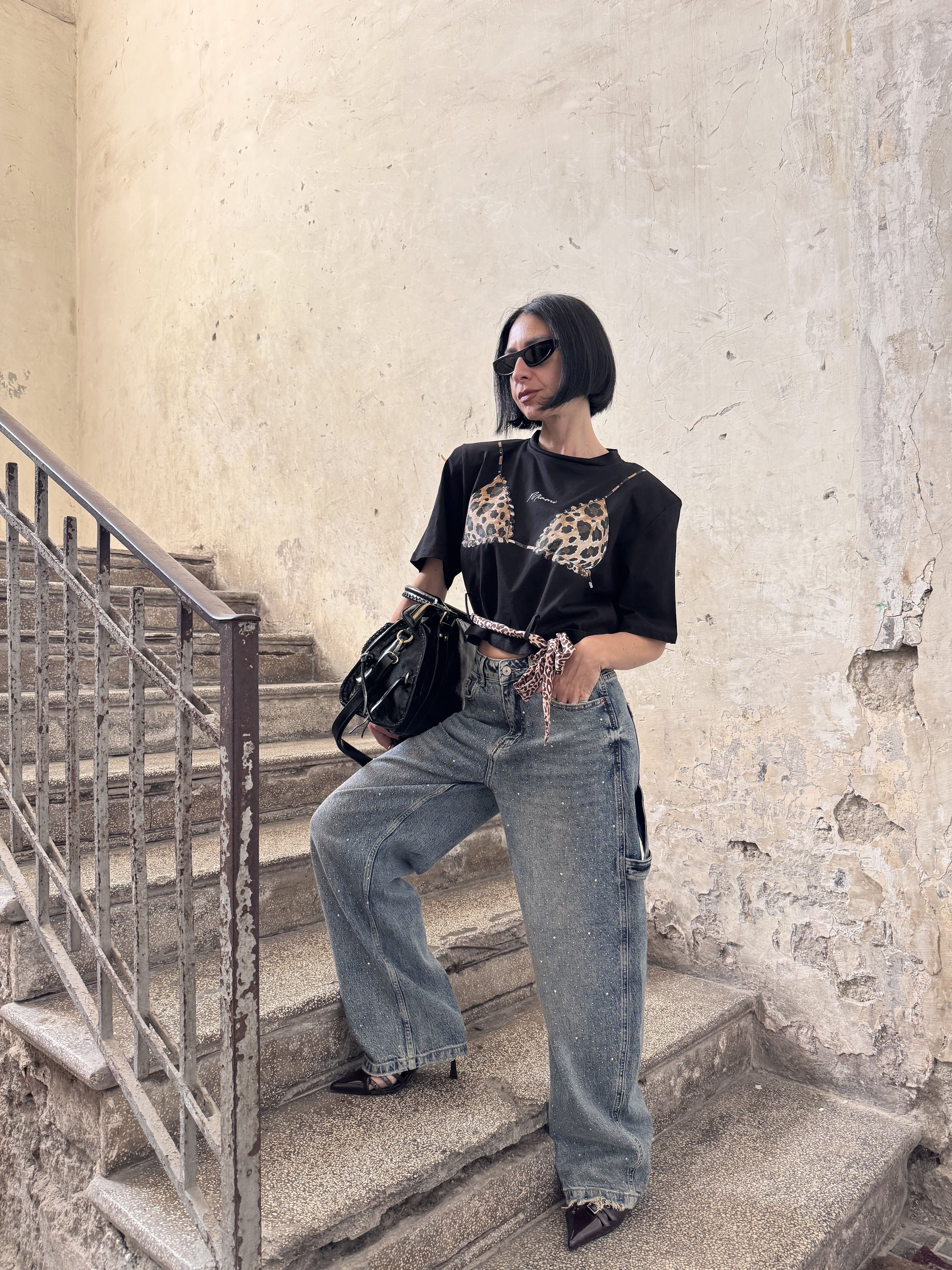 Crop Top Donna Justwest Corto con Spalline Strutturate | Maglia Corta 100% Cotone Stampa Leopardata Tg Unica