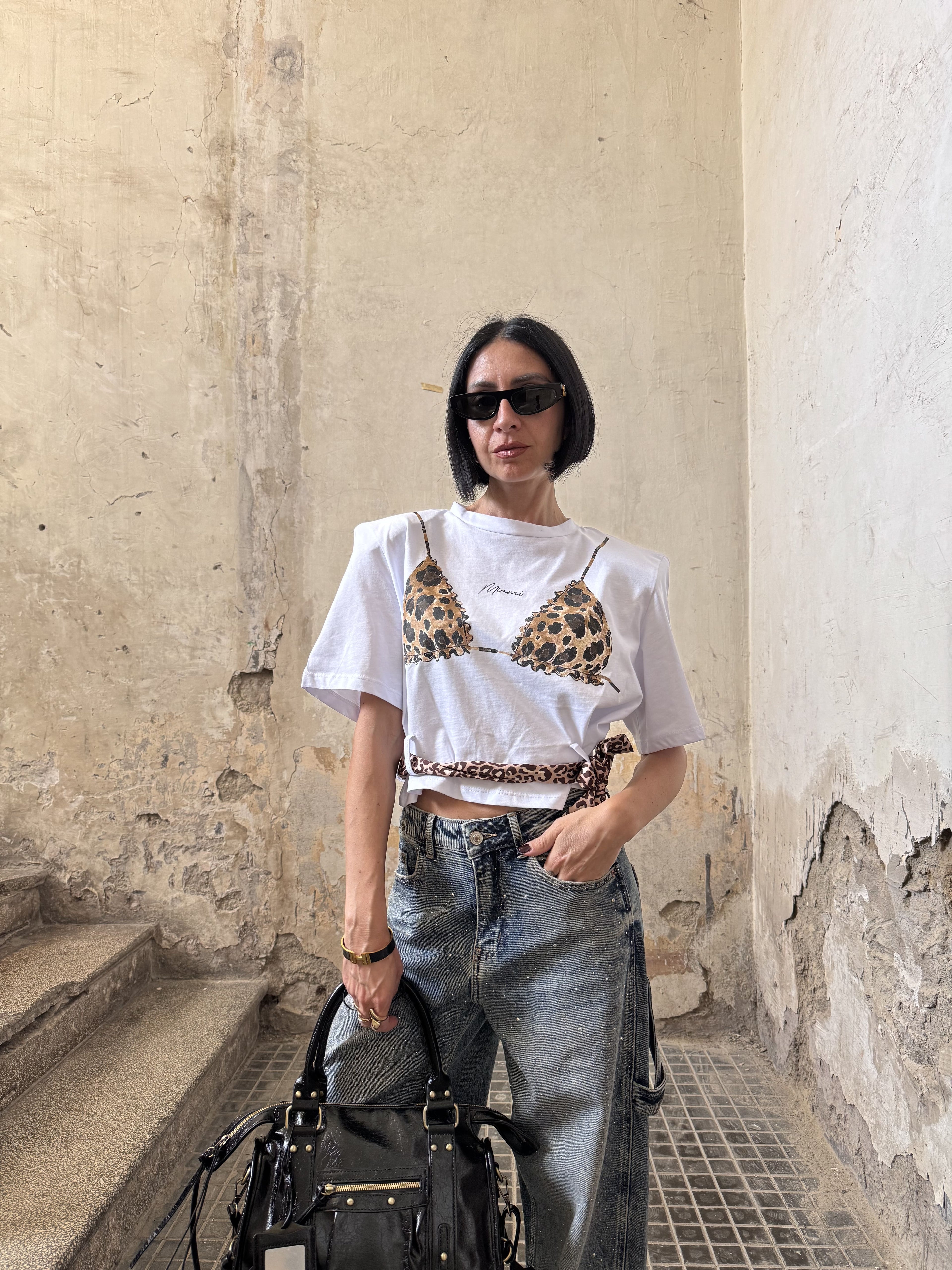 Crop Top Donna Justwest Corto con Spalline Strutturate | Maglia Corta 100% Cotone Stampa Leopardata Tg Unica