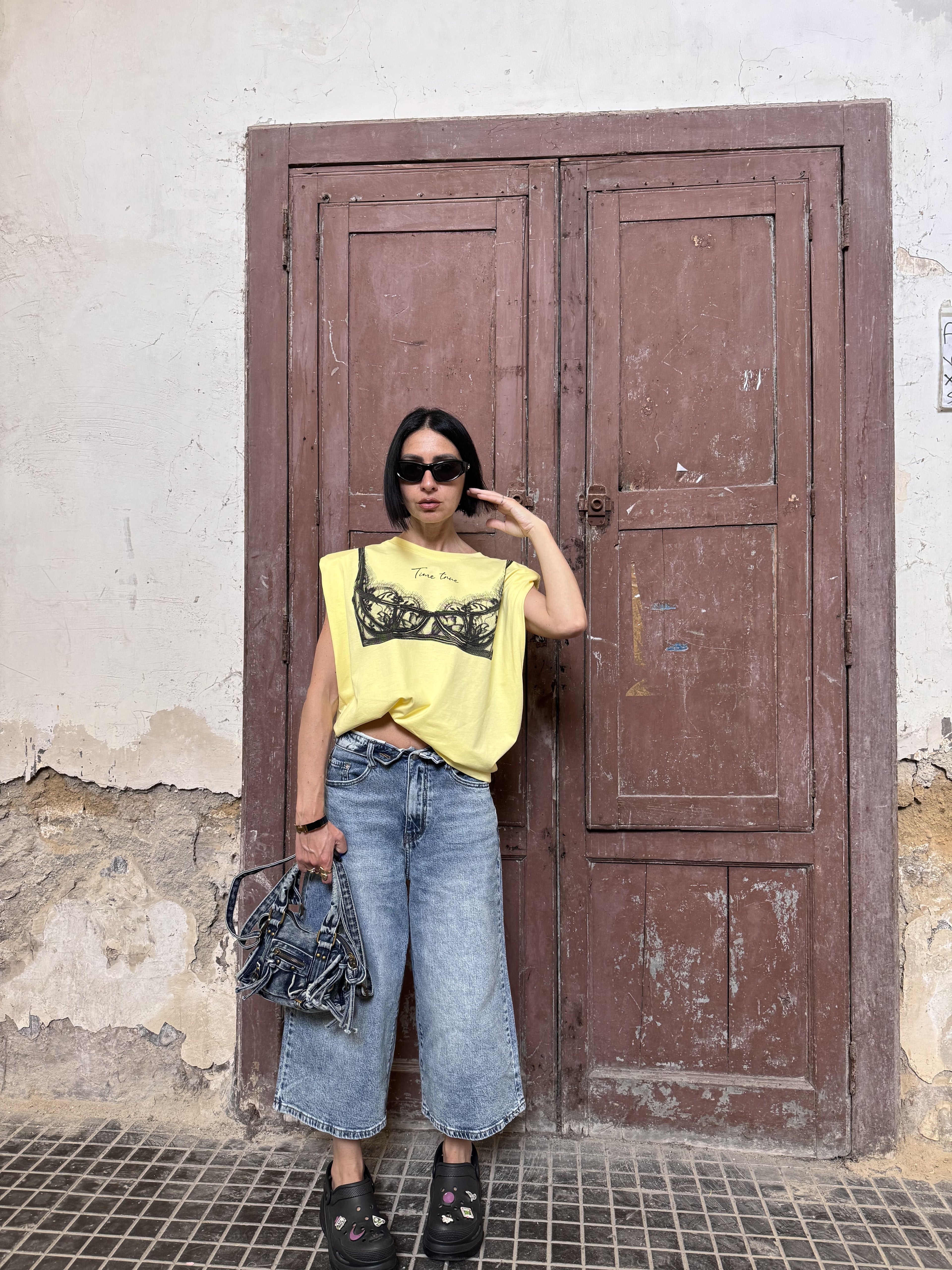 T-shirt Smanicata Donna Justwest Lunghezza Media con Spalline | Muscle Tee 100% Cotone Stampa Corsetto Tg Unica