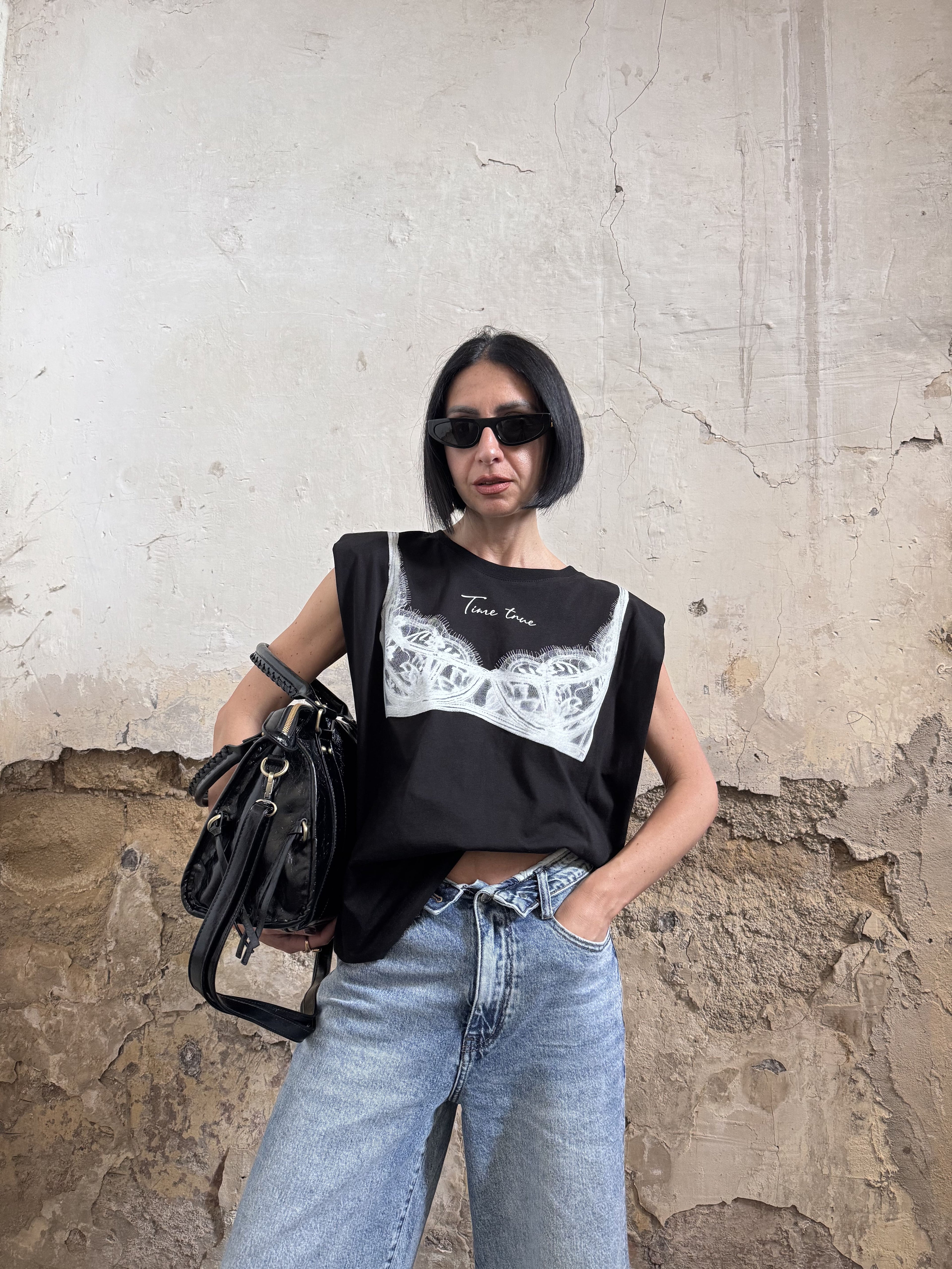 T-shirt Smanicata Donna Justwest Lunghezza Media con Spalline | Muscle Tee 100% Cotone Stampa Corsetto Tg Unica