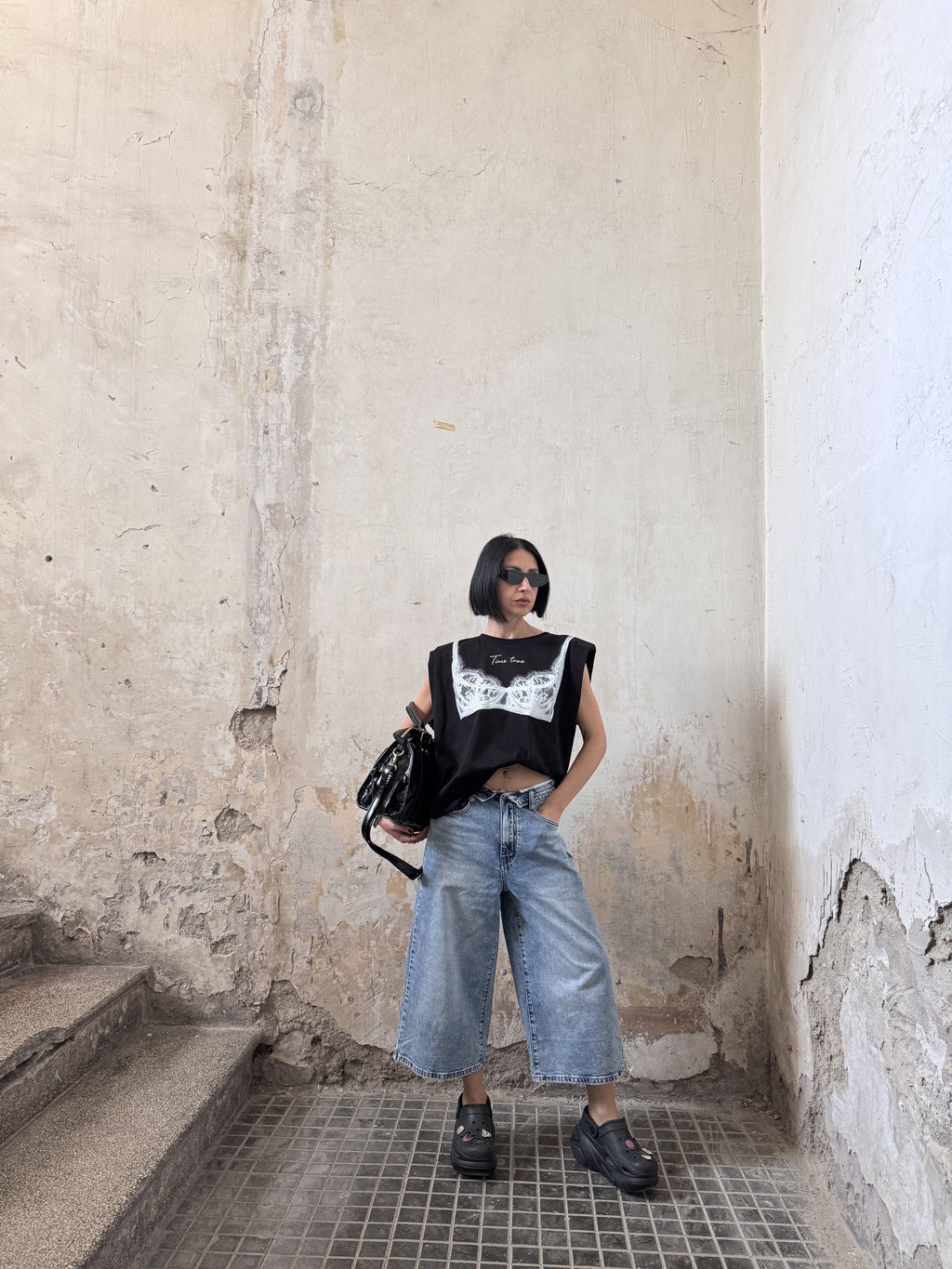 T-shirt Smanicata Donna Justwest Lunghezza Media con Spalline | Muscle Tee 100% Cotone Stampa Corsetto Tg Unica