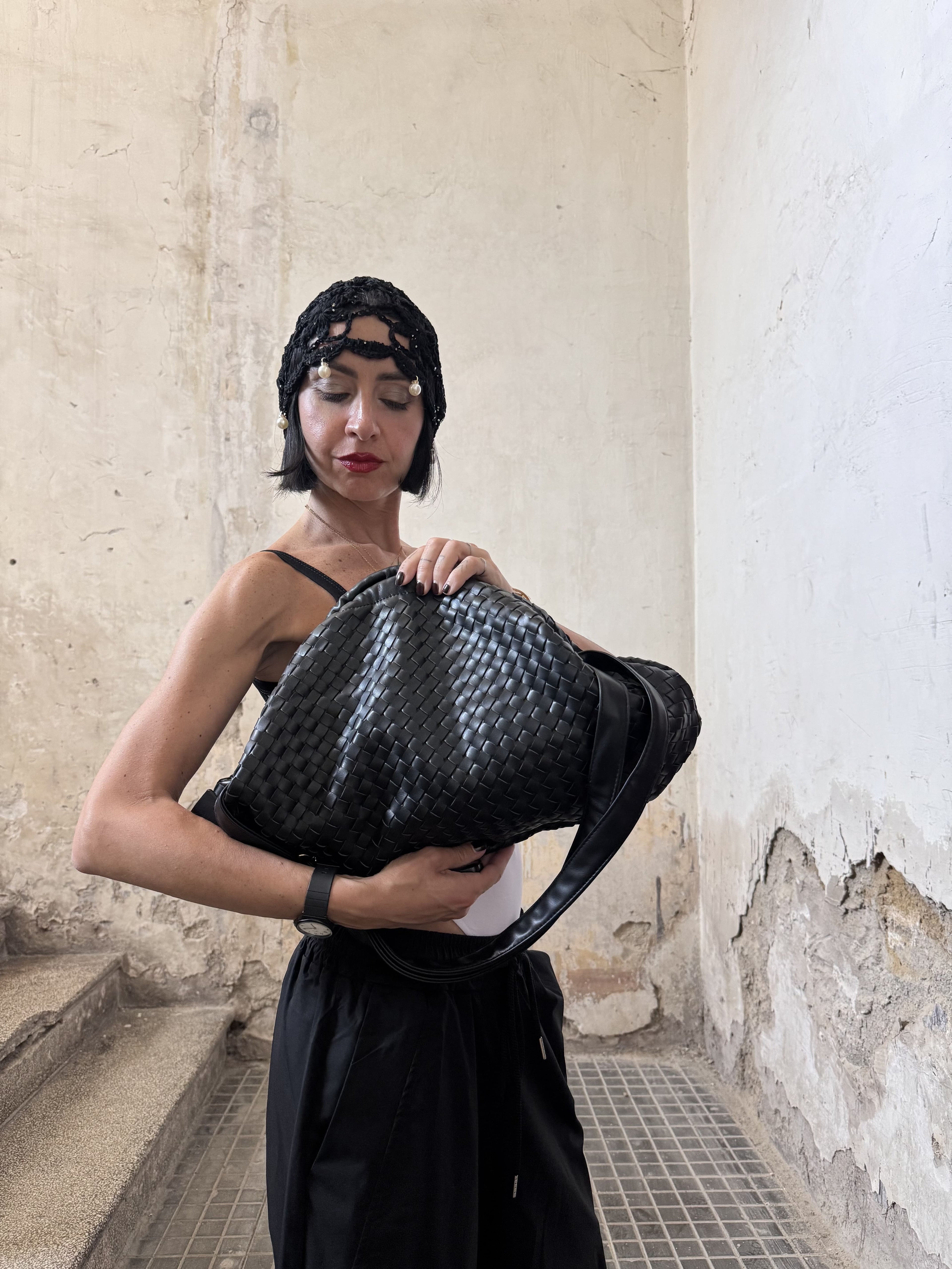 Borsa Maxi Clutch ad Intreccio 2 in 1 -in Similpelle Top Quality Nera con Tracolla Removibile