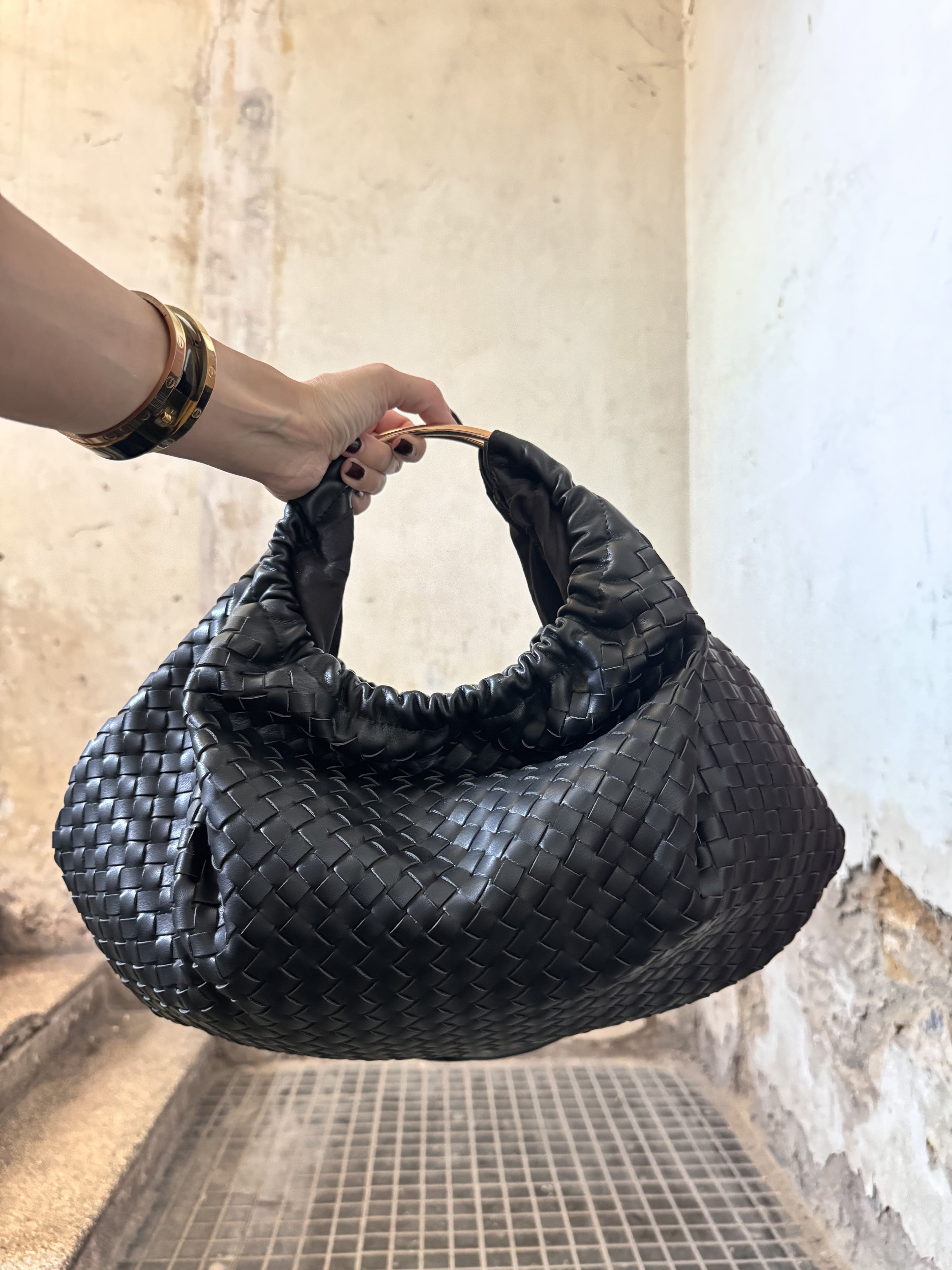 Borsa Maxi Clutch ad Intreccio 2 in 1 -in Similpelle Top Quality Nera con Tracolla Removibile