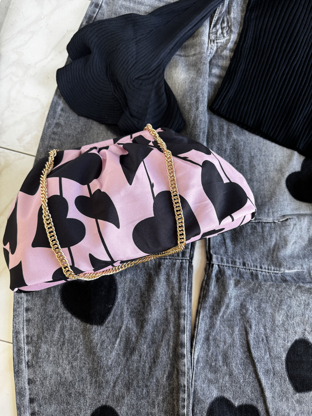 Borsa Clutch Donna in Tessuto Rasato con Tracolla a Catena