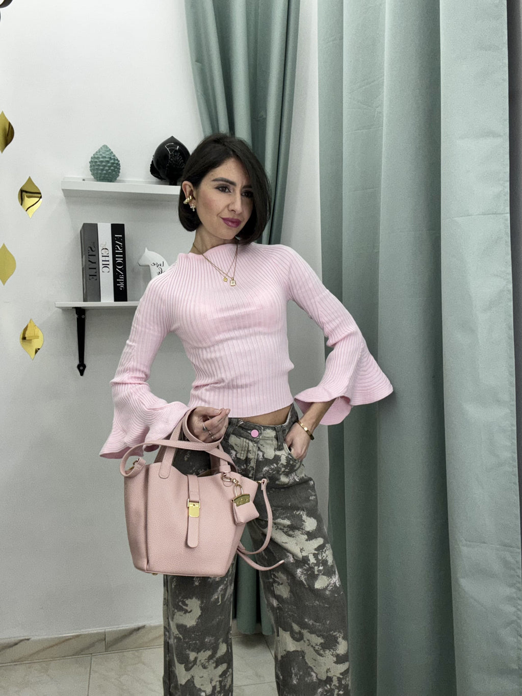 Maglia Donna a Coste con Maniche 3/4 e Volant