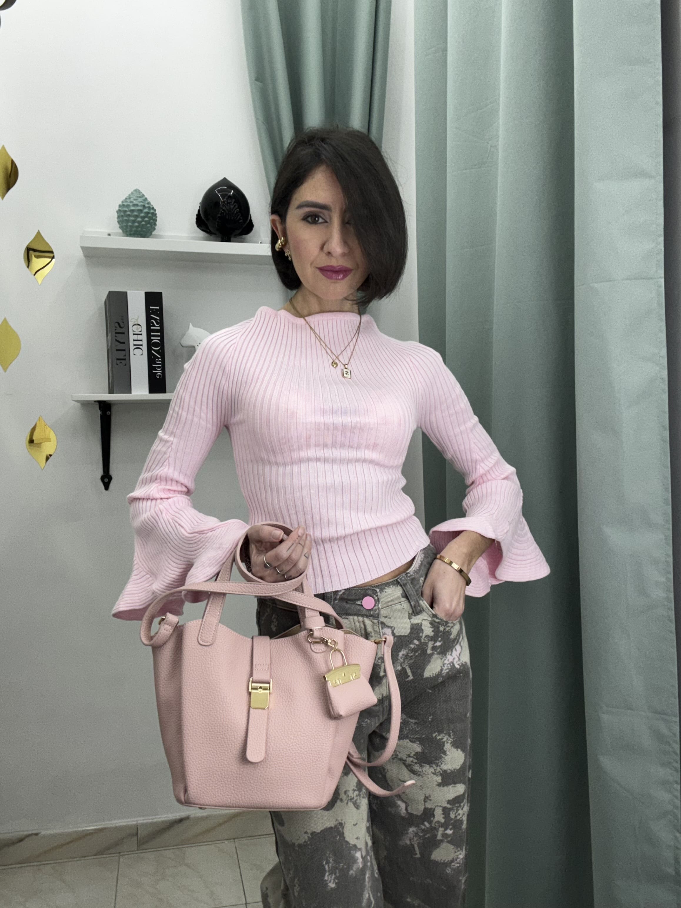 Maglia Donna a Coste con Maniche 3/4 e Volant