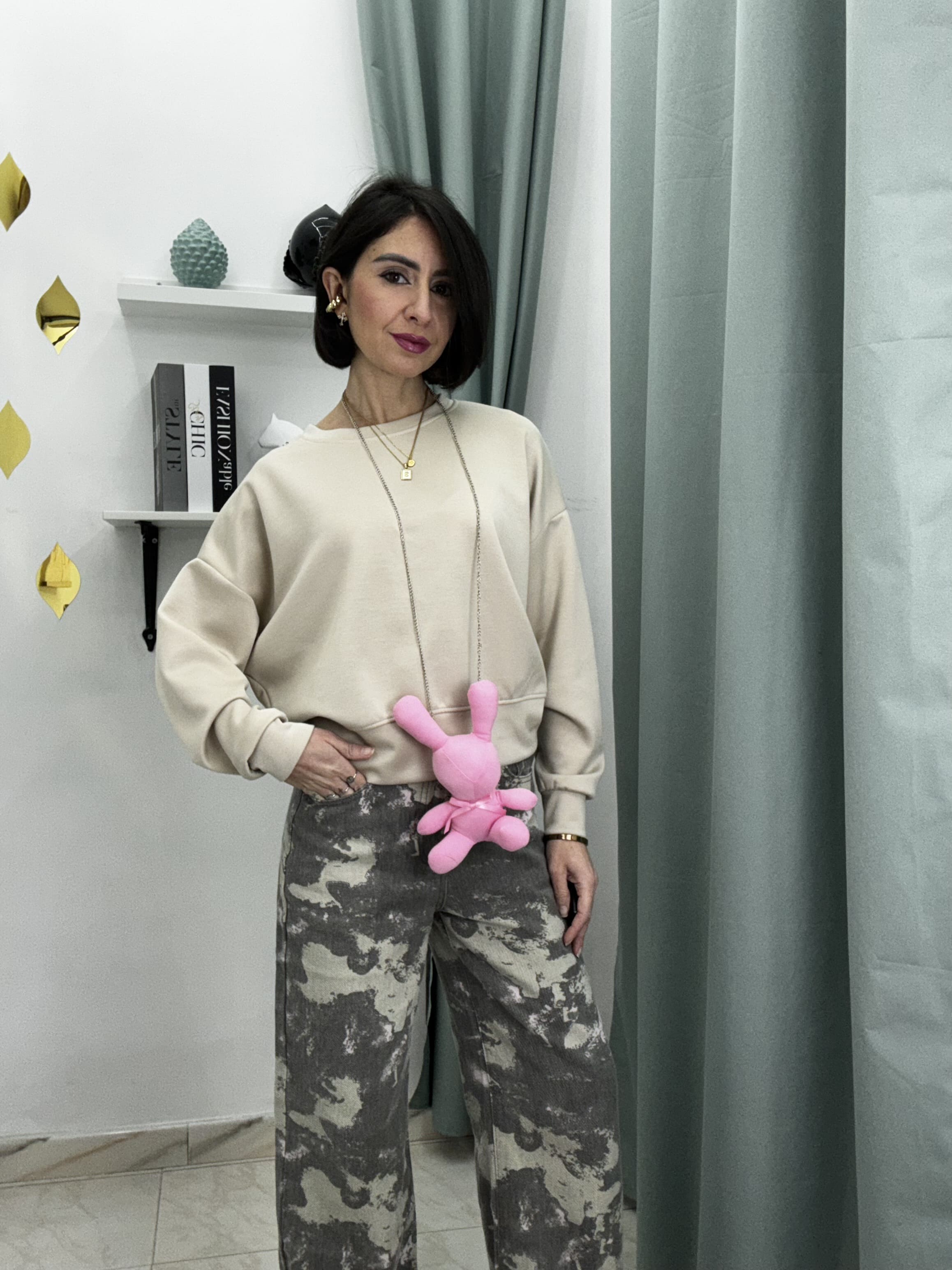 Felpa Donna in French Terry con Collana e Peluche Coniglietto