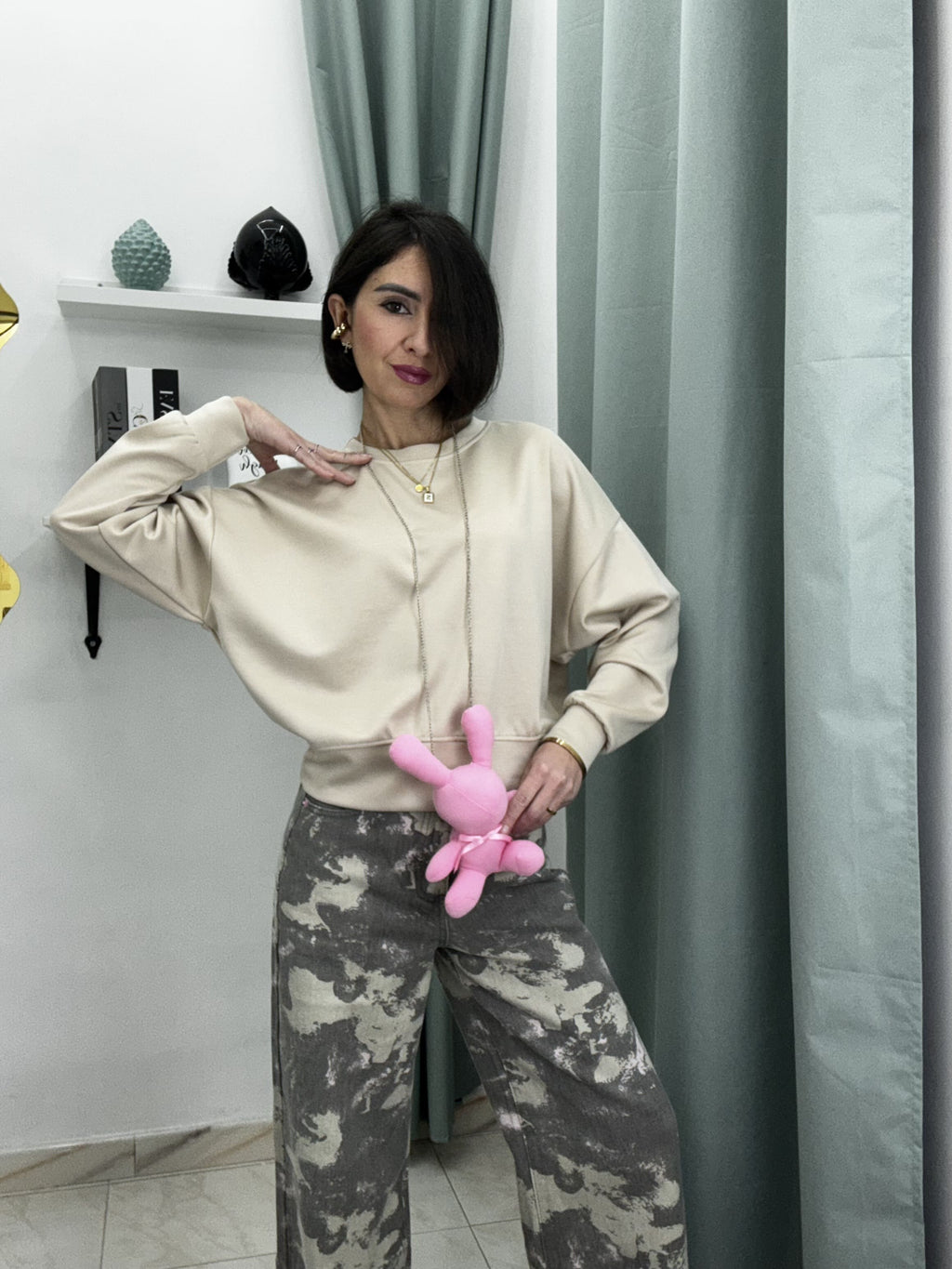 Felpa Donna in French Terry con Collana e Peluche Coniglietto