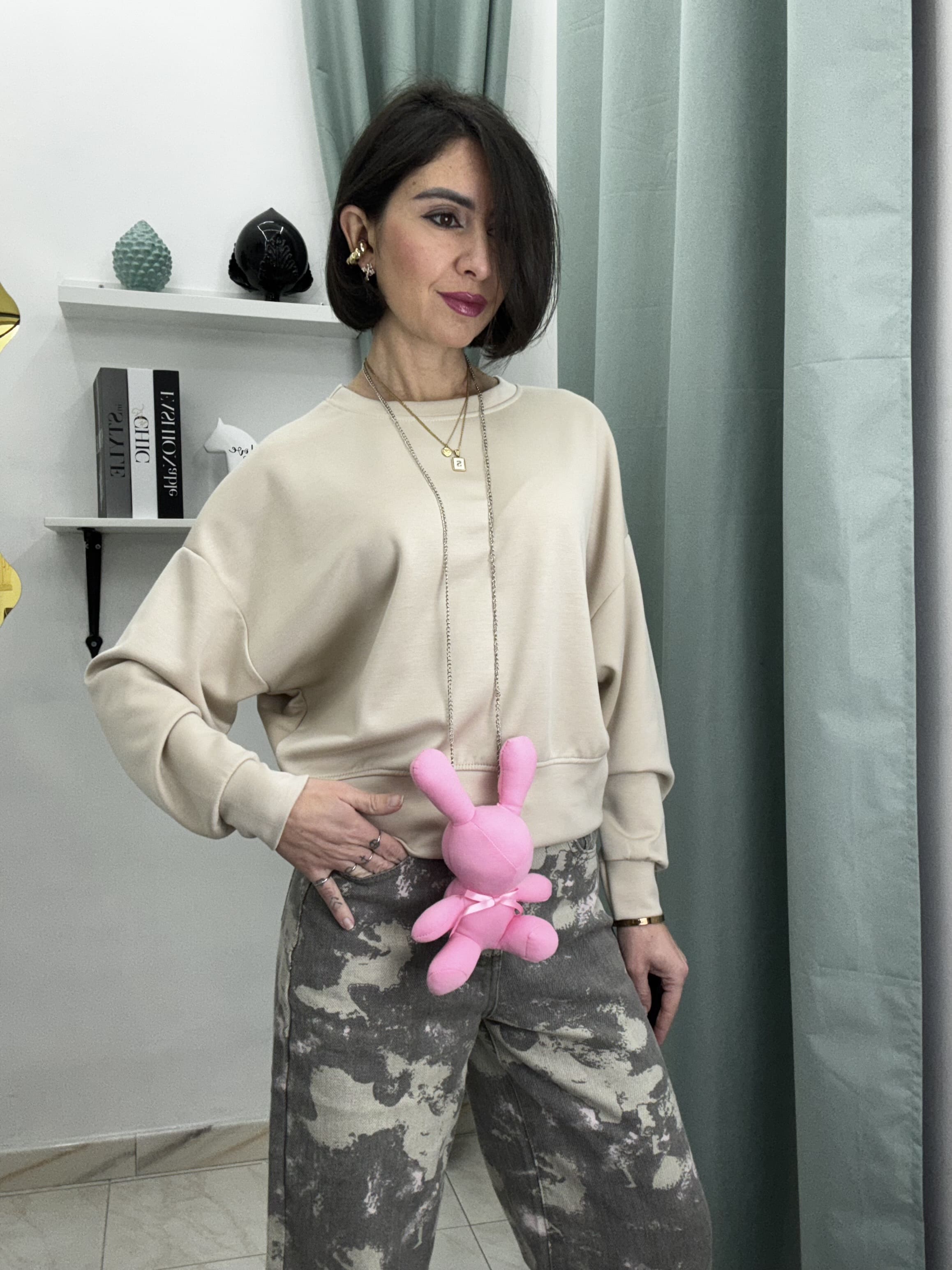 Felpa Donna in French Terry con Collana e Peluche Coniglietto