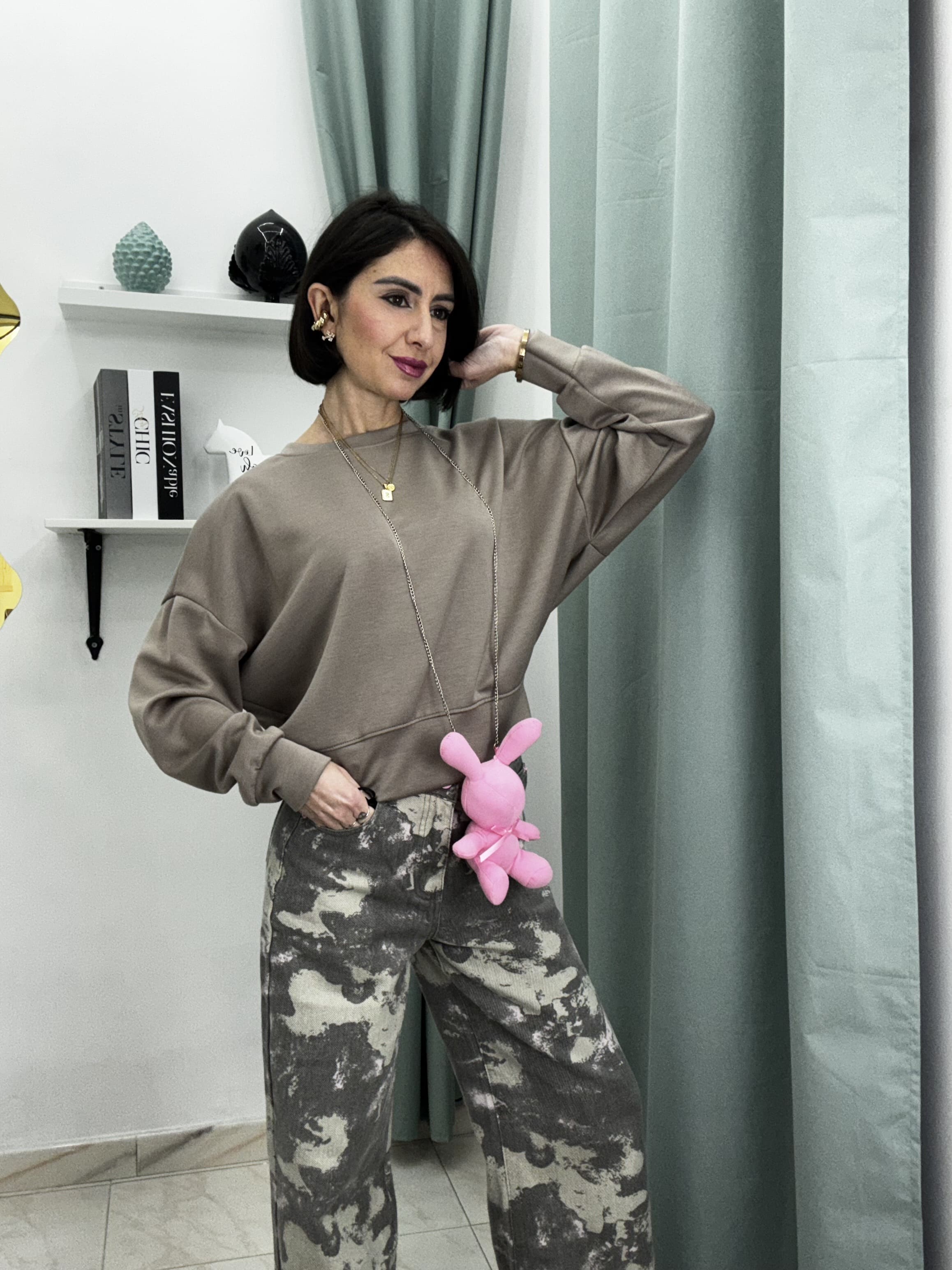 Felpa Donna in French Terry con Collana e Peluche Coniglietto