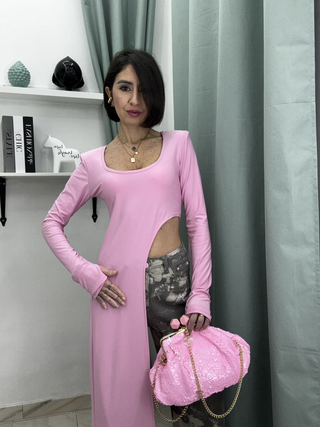 Maglia Donna Asimmetrica Elasticizzata con Maniche a Guanto